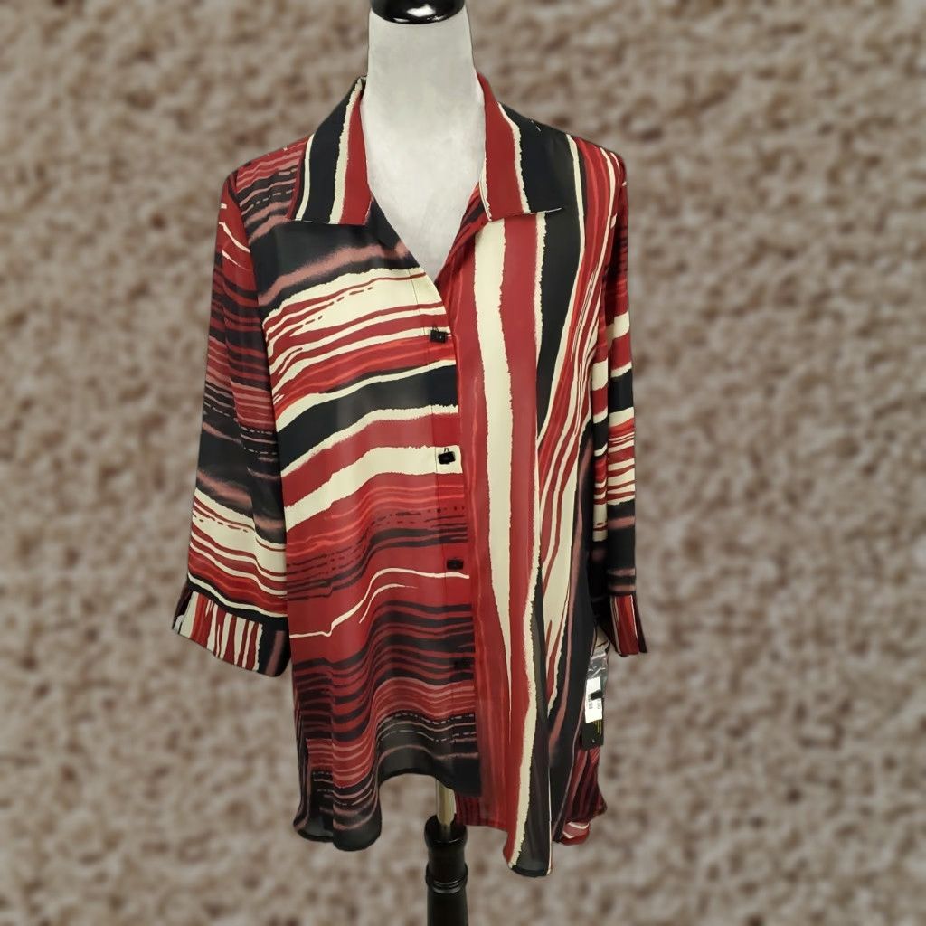 Vintage IC by Connie K Tunic Womens Large Red Black White Striped Button Up NWT Size L / US 10 / IT 46 - 1 Thumbnail