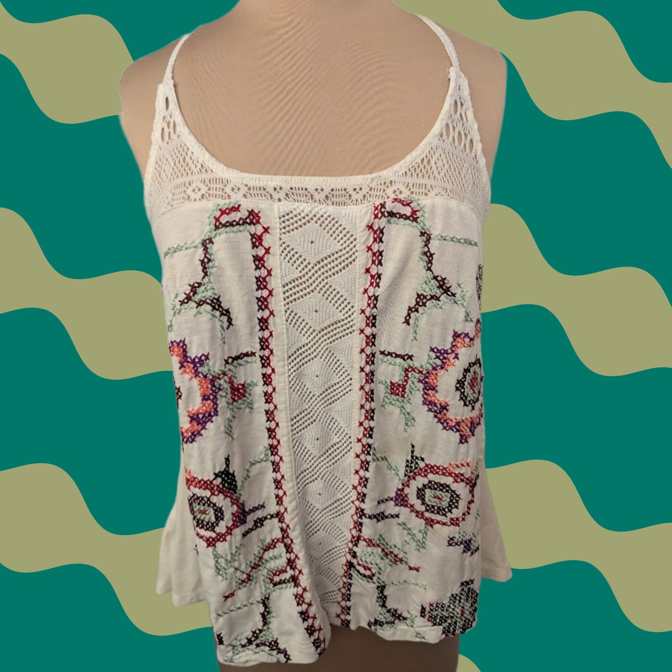 Vintage Cream Floral Embroidered Crochet Lace Tank Top Racerback Boho Festival Sz S Size S / US 4 / IT 40 - 1 Thumbnail