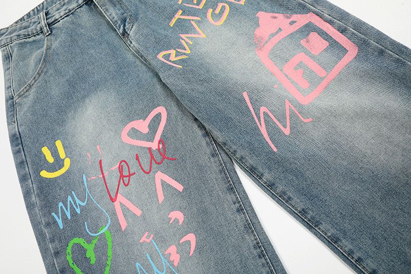 Jean American street style graffiti letter print jeans Size US 32 / EU 48 - 4 Thumbnail