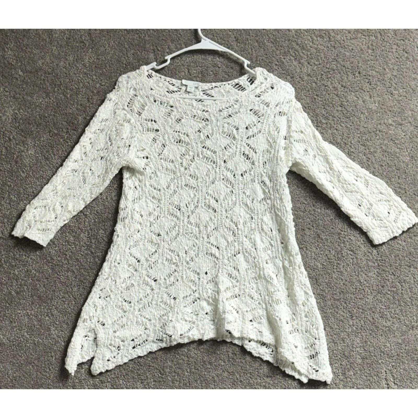 J. Jill J. Jill Sweater Petite Small Crochet Open Knit Boho Cottagecore Fairy Layering 3/4 Sleeve White Womens PS Pullover Bohemian » Size S / US 4 / IT 40 - 2 Thumbnail