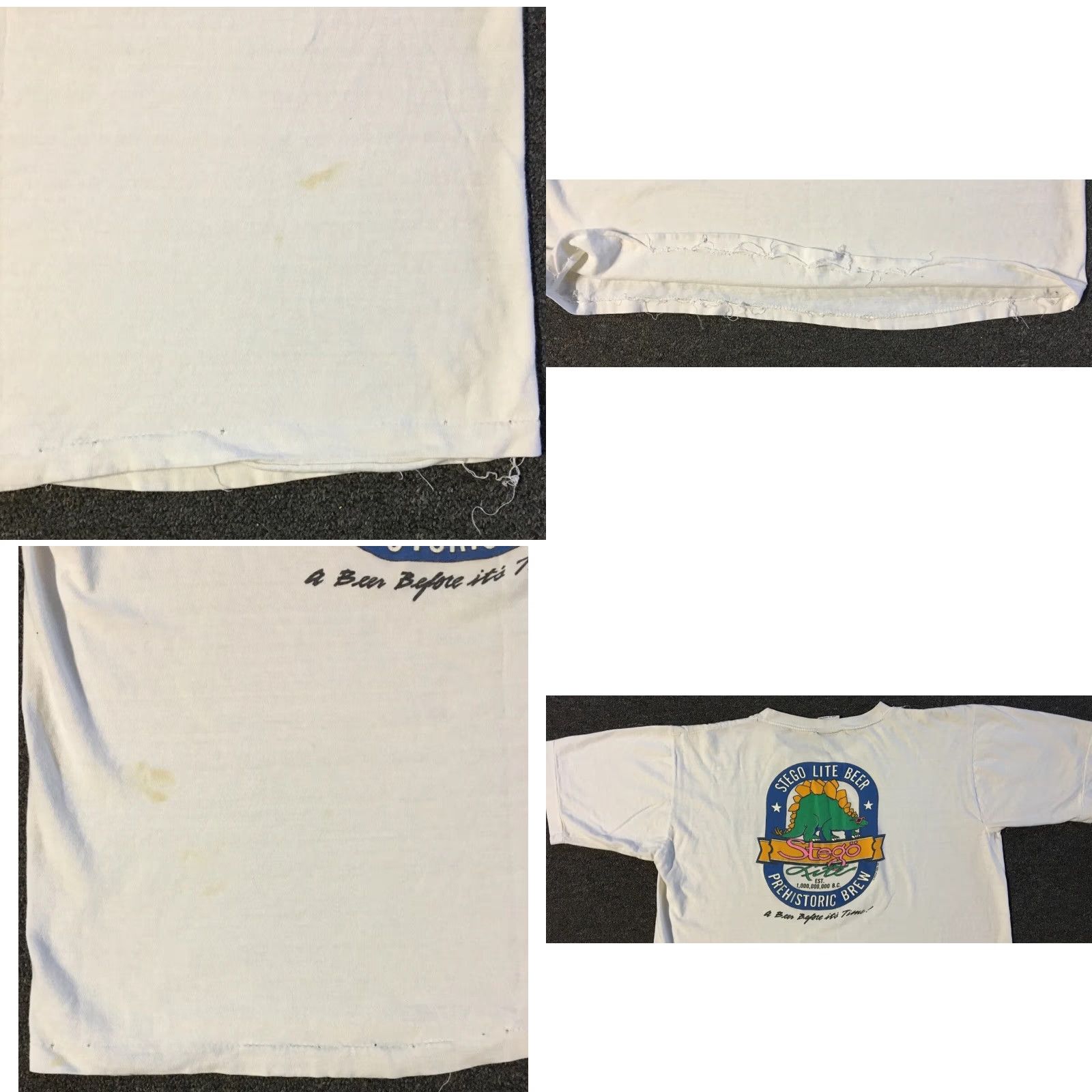 Vintage VINTAGE 80s Stegosaurus Beer Hawaii Shirt Mens Small White Distressed Grunge Band Tee S M Beach Bar humor Size US S / EU 44-46 / 1 - 10 Thumbnail