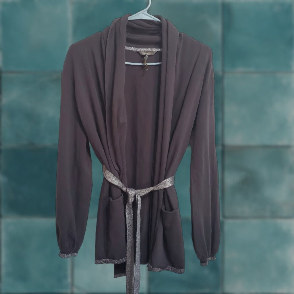 Vintage Rituals Cardigan Women S Gray Belted Metallic Silver Shawl Collar Pockets Lounge Shirt Size S / US 4 / IT 40 - 1 Thumbnail