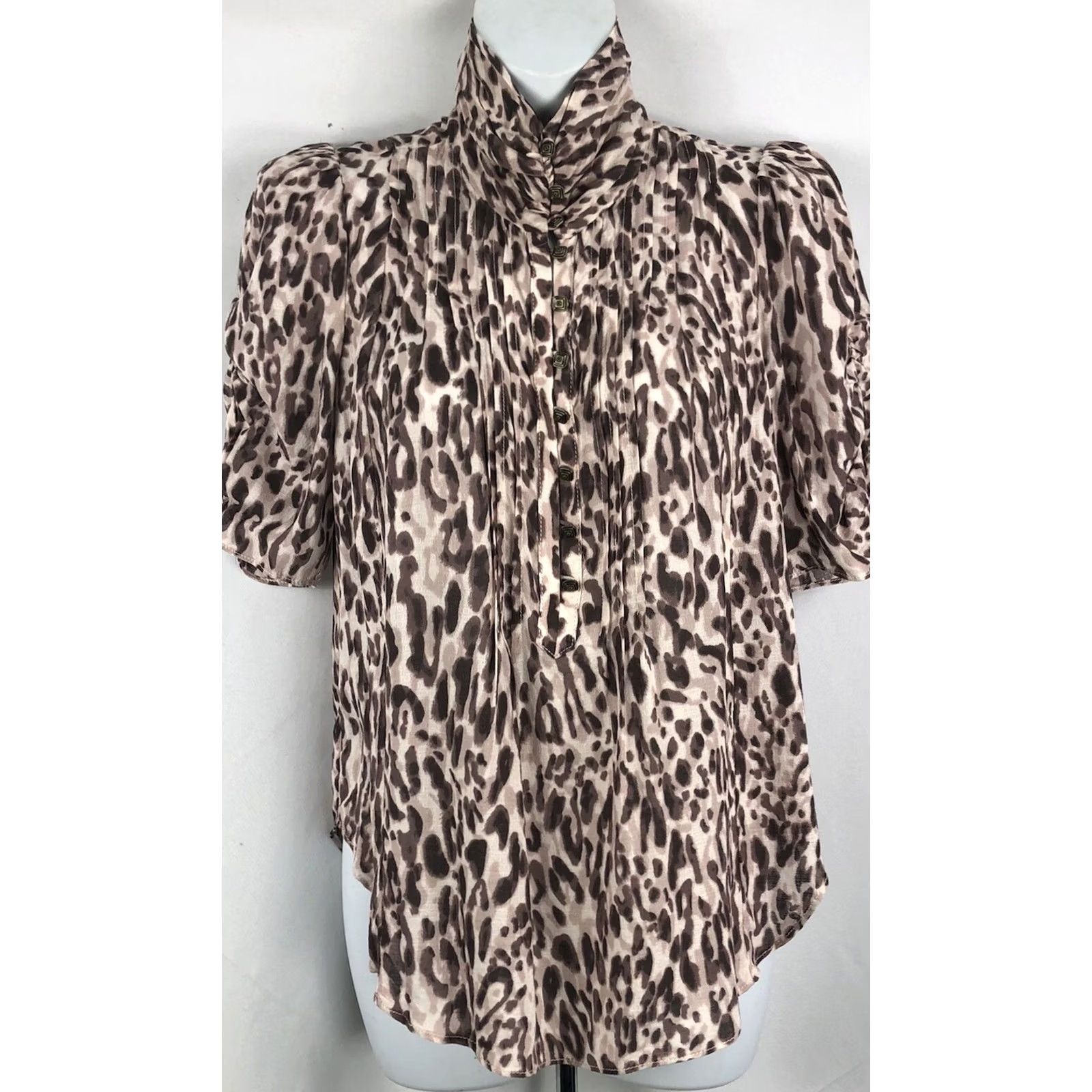 Vintage Mauve Leopard Puff Sleeves Turtleneck Blouse 2 Office Career Button Front Pleated 90s 2000s Womens Size XS / US 0-2 / IT 36-38 - 5 Thumbnail