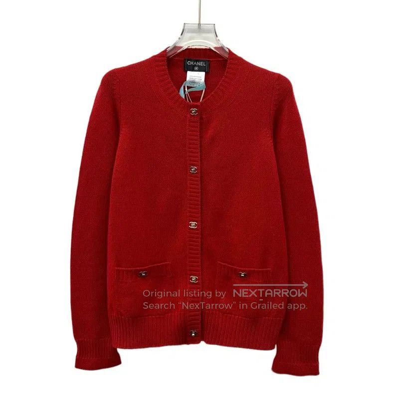 Chanel Red Cashmere Logo Cardigan.