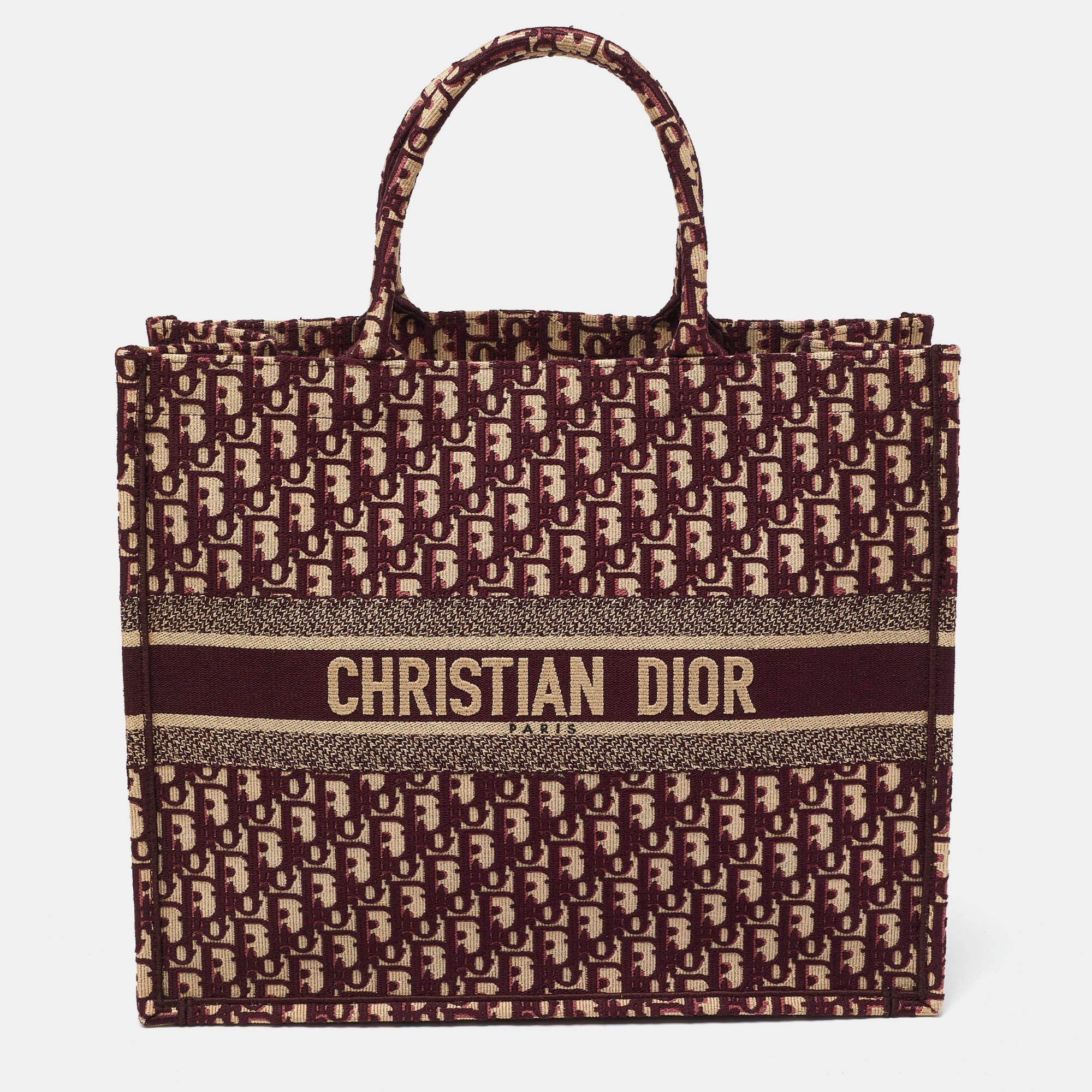 image of Dior Burgundy Oblique Embroidered Canvas Large Book Tote, Women's