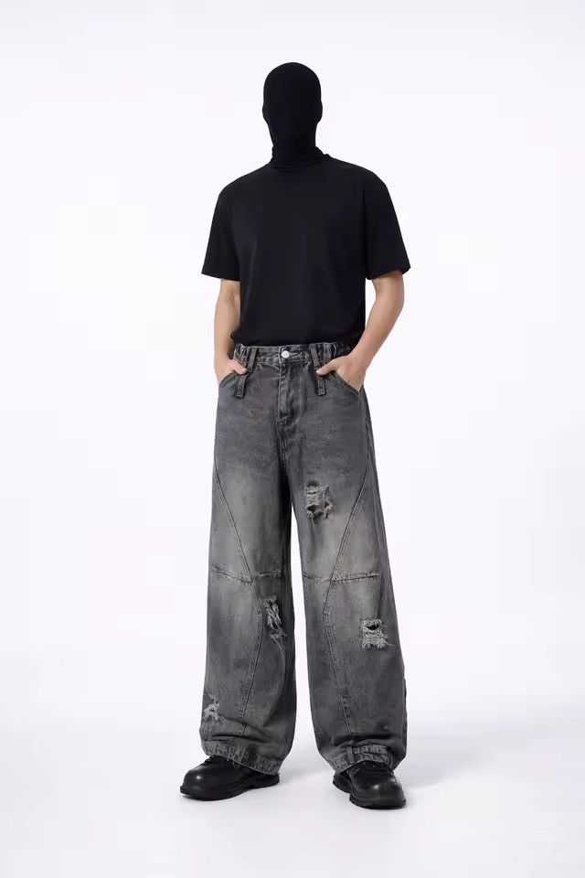 Jean Washed Distressed Ripped Elastic Waist Wide Leg Jeans Pants Size US 26 / EU 42 - 5 Thumbnail