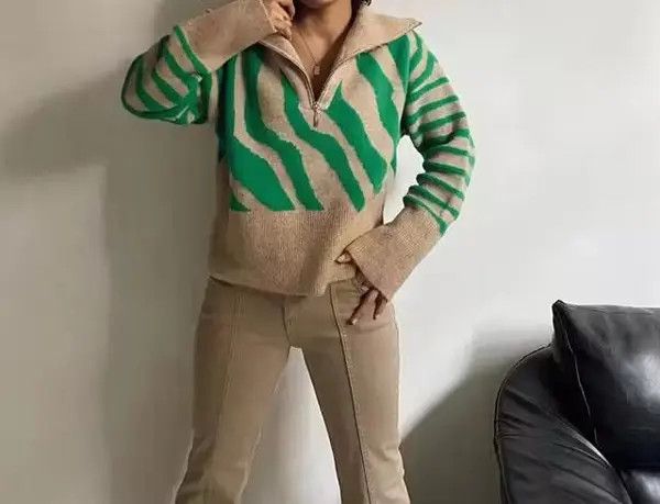 Other Knit Striped Polo Collar Zipper Women Sweater Size L / US 10 / IT 46 - 3 Thumbnail