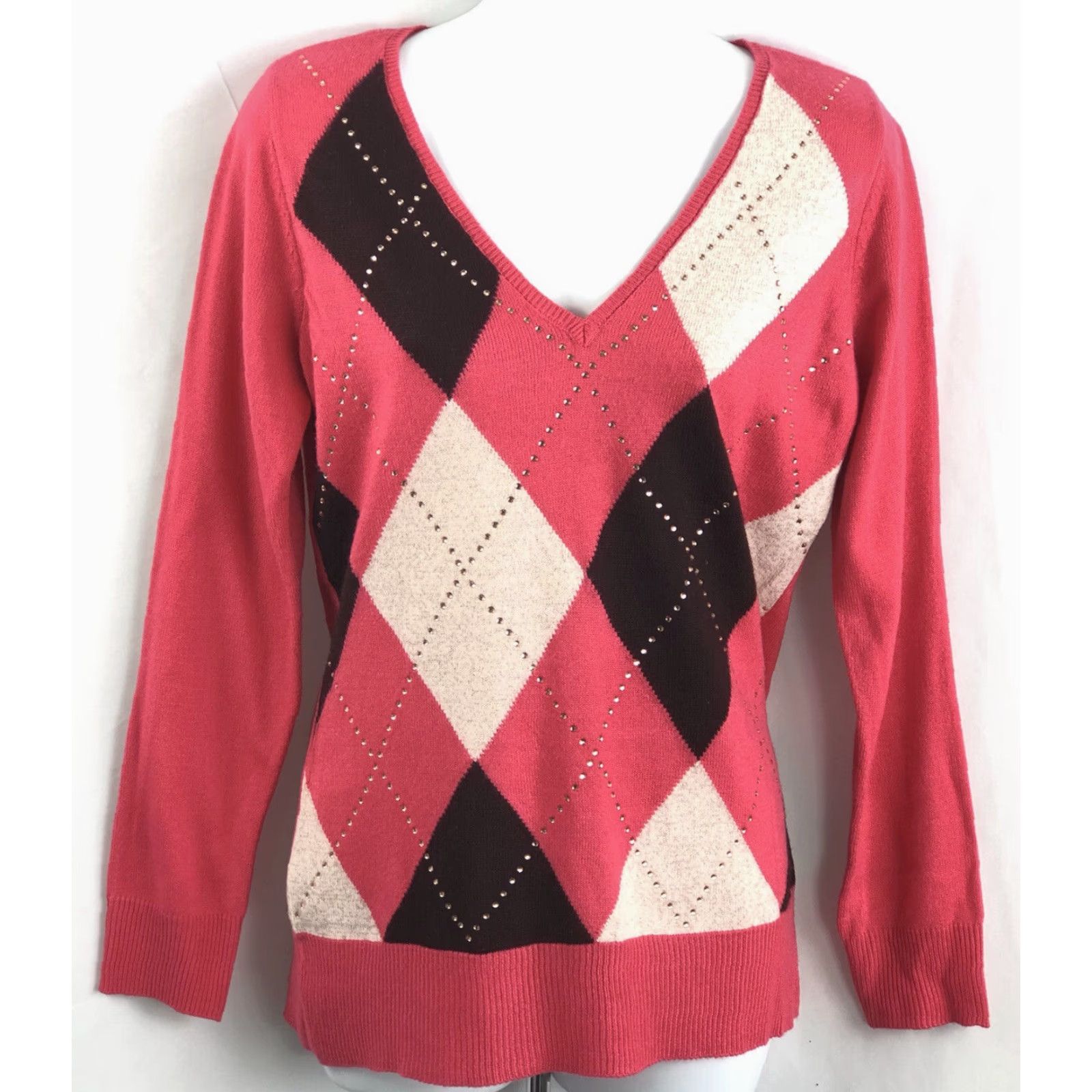 Vintage VINTAGE New York And Company Sweater S Dark Coral Argyle V-Neck Long Sleeve Raglan Beaded 90s Preppy Womens Pullover Knit Cotton Size S / US 4 / IT 40 - 2 Thumbnail