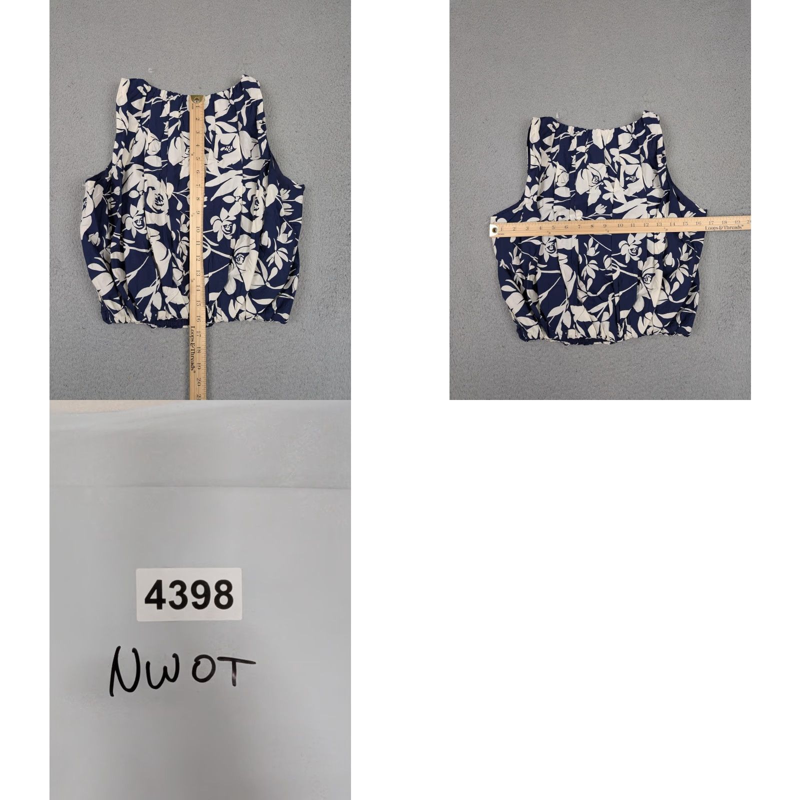 Vintage A New Day Womens Tank Cropped Sleeveless Blouse XS Navy Blue White Floral Cotton Bubble Hem Square Neck Lined Size XS / US 0-2 / IT 36-38 - 8 Thumbnail