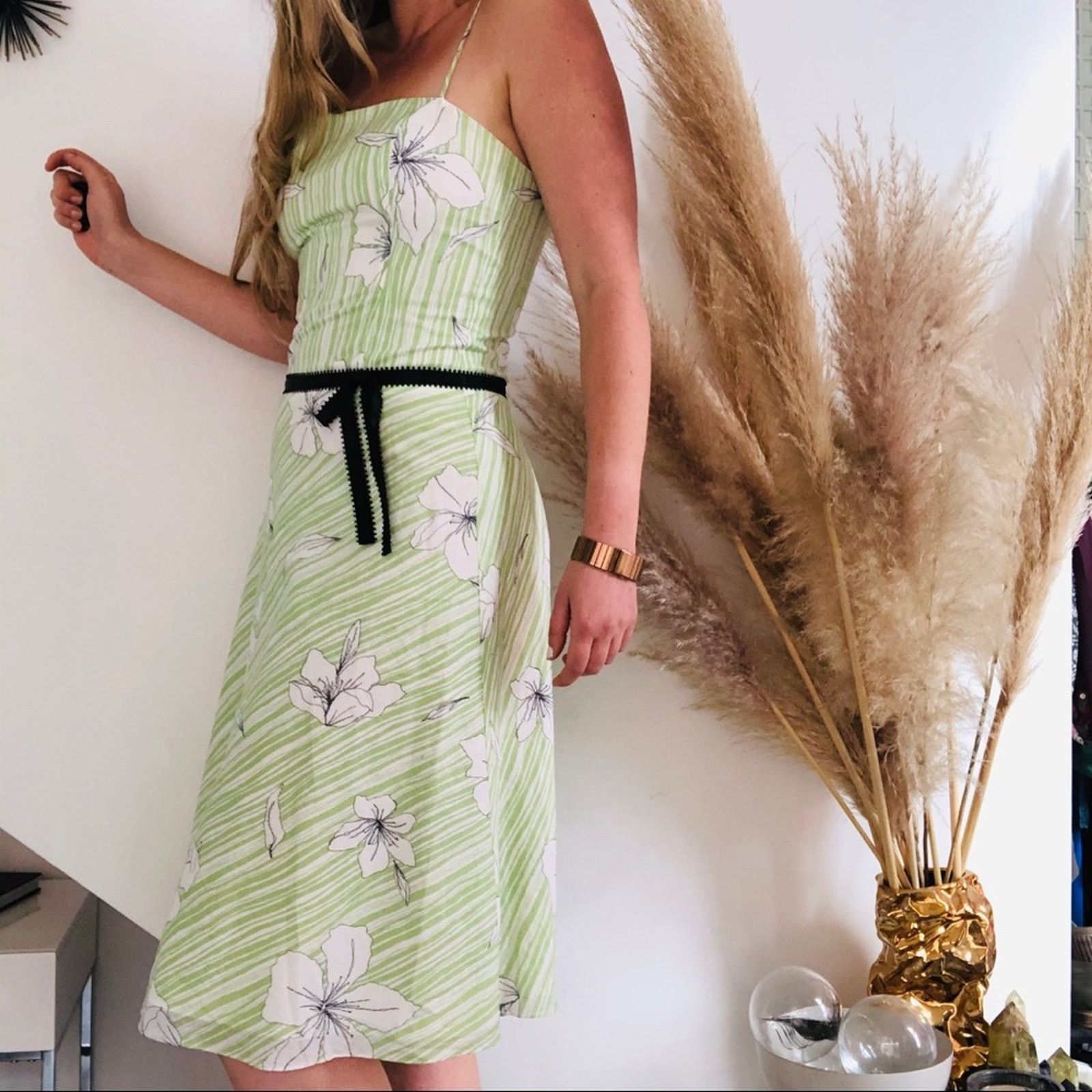 Vintage VINTAGE WANG Green White Striped Floral Tank Black Dress Size M / US 6-8 / IT 42-44 - 2 Thumbnail