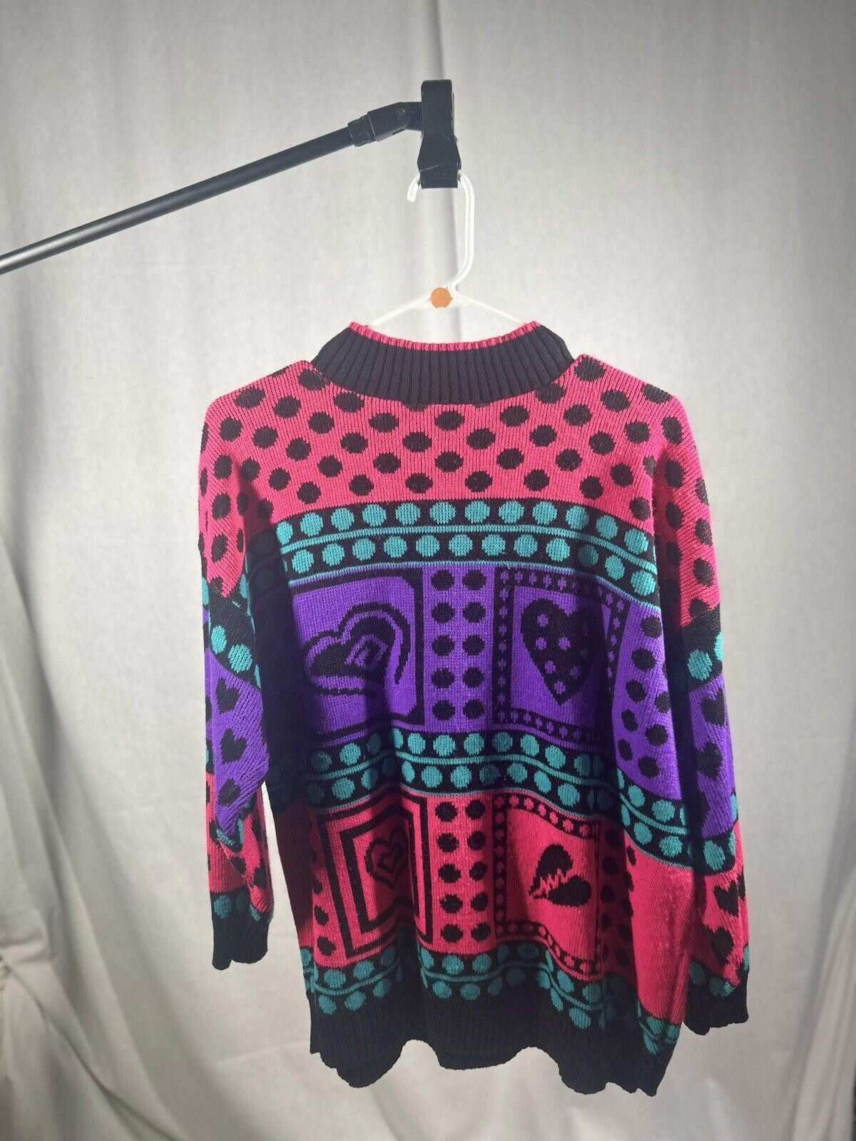 Designer VTG 1980s Polka Dot Geometric Hearts Acrylic Sweater Size XL / US 12-14 / IT 48-50 - 2 Thumbnail