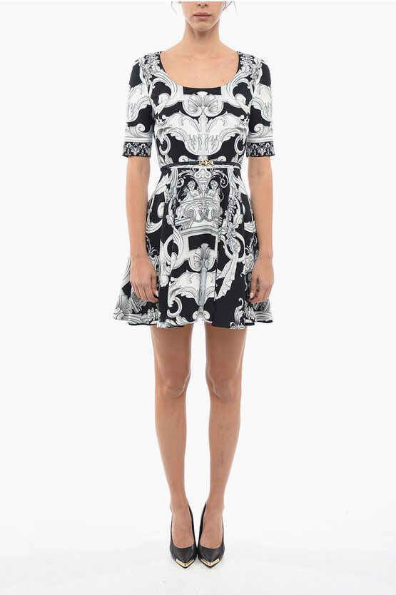 image of Versace Belted A-Line Dress With Baroque Print in Black, Women's (Size Small)