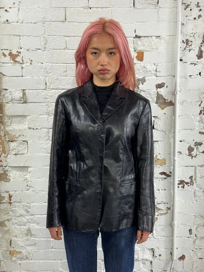Prada 2000s Prada Black Minimalist Leather Blazer Jacket Size M / US 6-8 / IT 42-44 - 2 Thumbnail