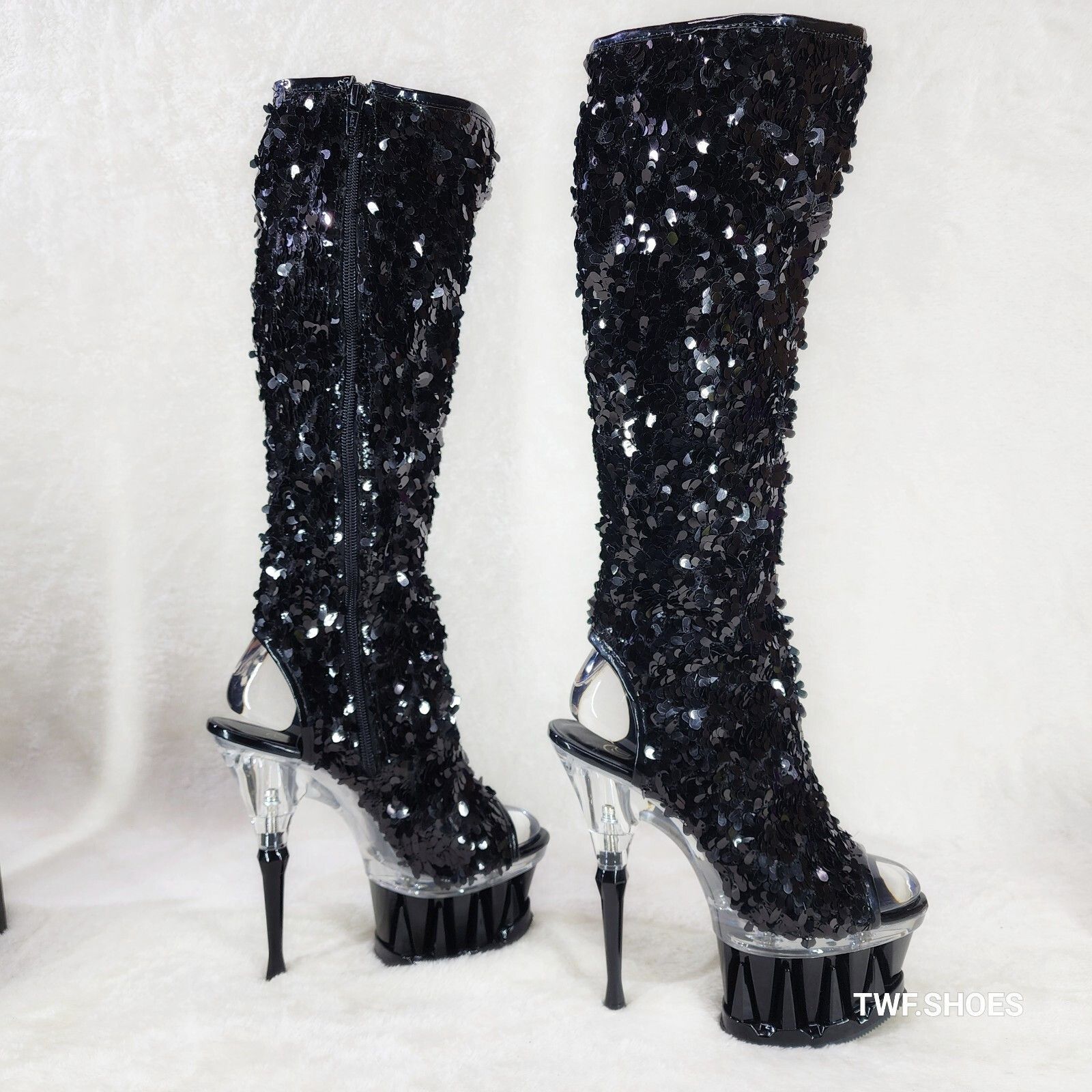 Other Pleaser Spiky Black Sequin Knee Boots Spiked Design Platform Size US 6 / IT 36 - 3 Thumbnail