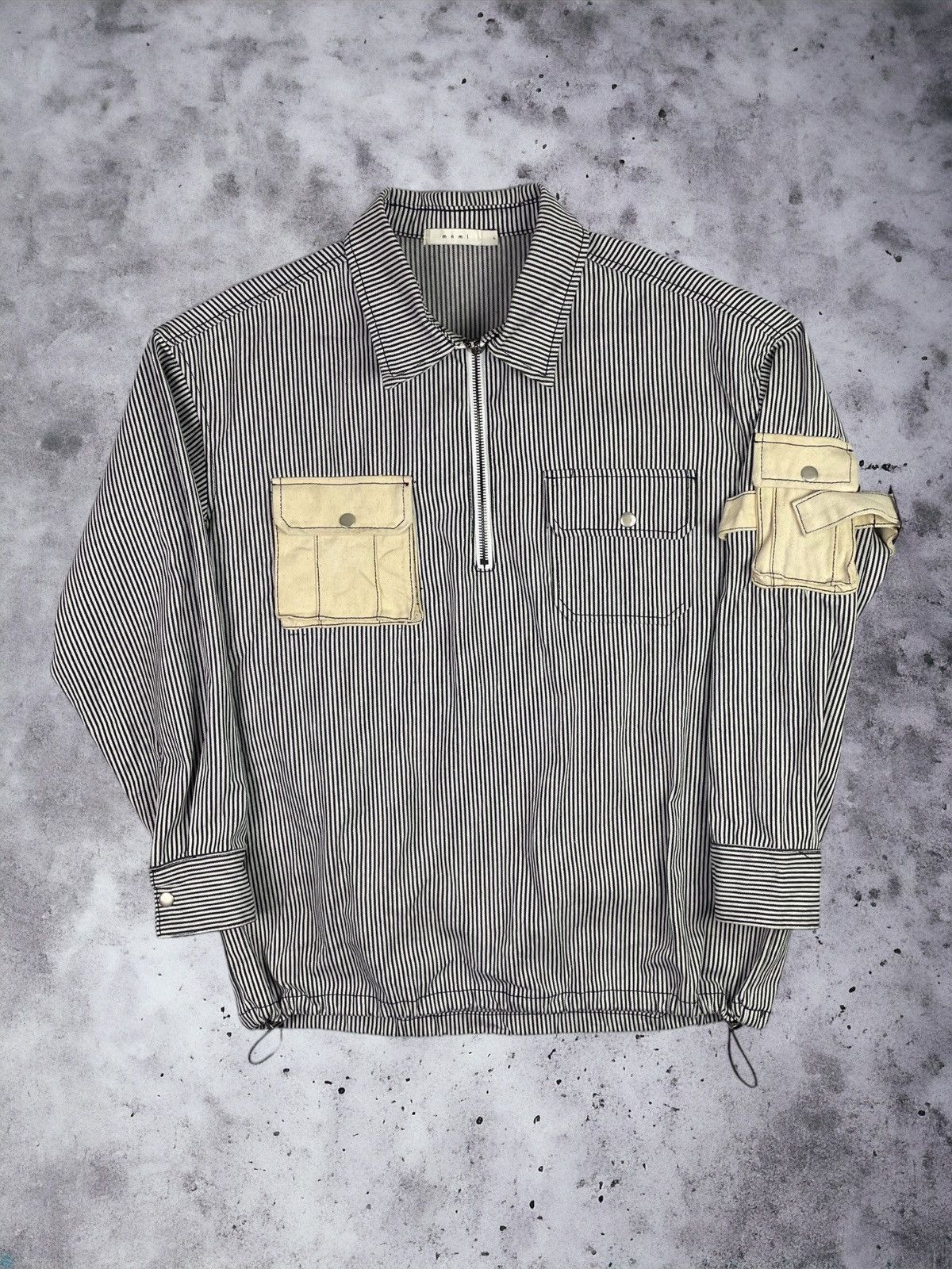image of Mnml Stripped Multi Pocket Half Zip Conductor Shirt Jacket in Black White, Men's (Size Large)