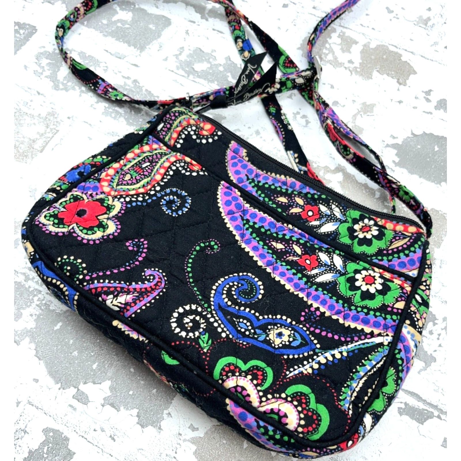 Vintage Vera Bradley Crossbody Bag Small Live Paisley Black Purple Womens RFID Blocking Adjustable Strap Quilt Canvas Cotton Zip Matte Finish 90s Theme? Size ONE SIZE - 3 Thumbnail