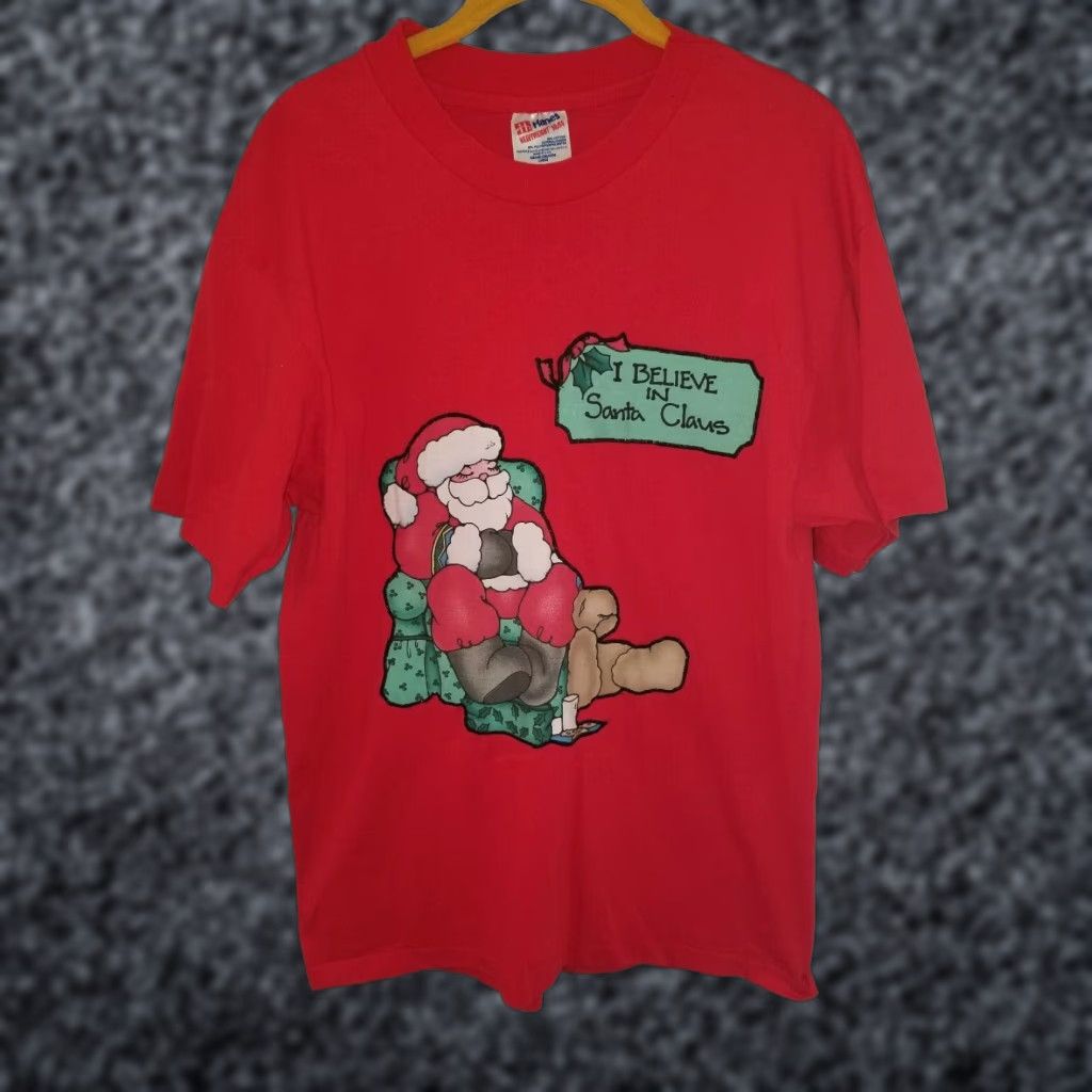 Hanes VINTAGE Hanes Mens L 50/50 I BELIEVE IN SANTA CLAUS! T-SHIRT Sewn Applique RED Mens Shirts 1980s Size US L / EU 52-54 / 3 - 1 Thumbnail