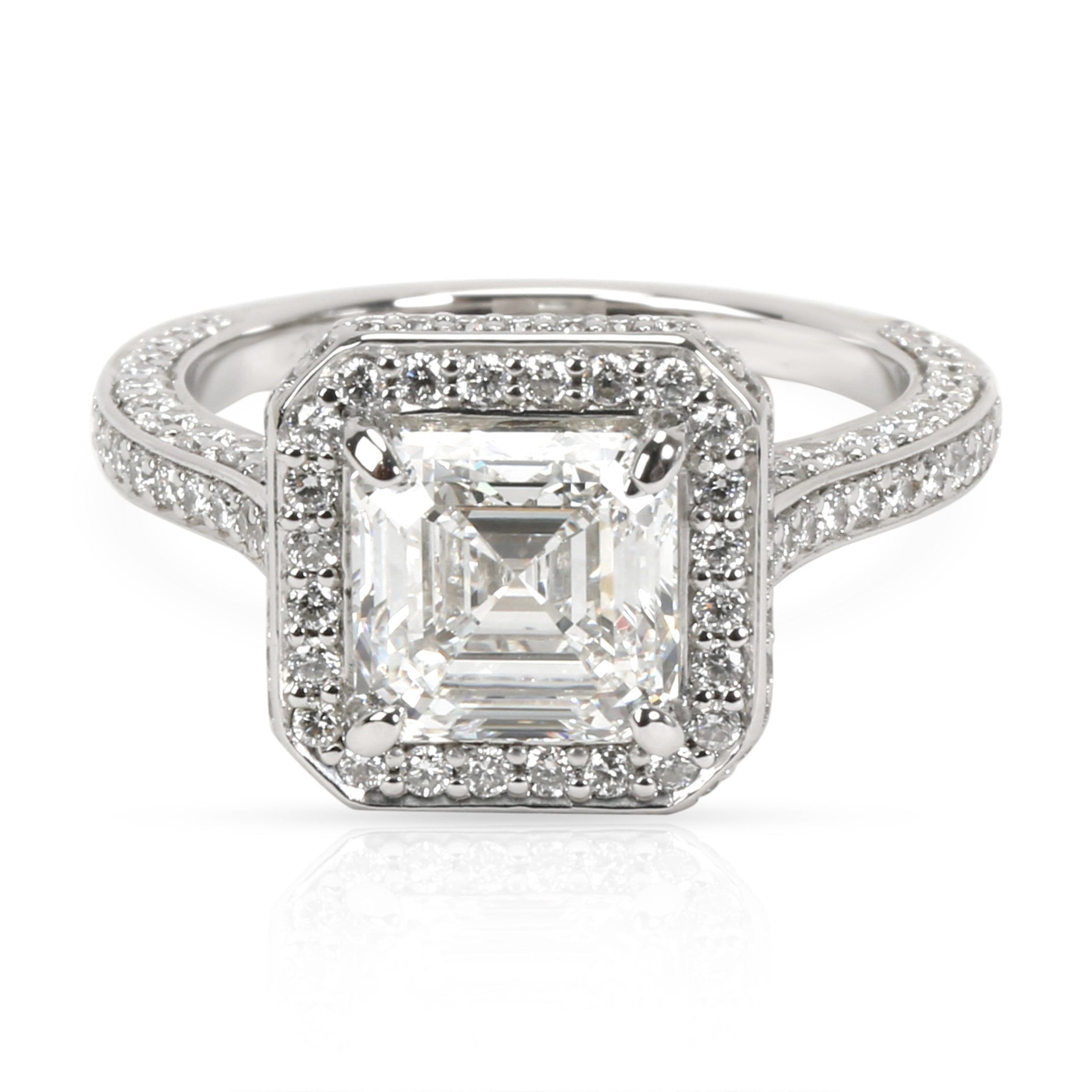 image of Tiffany Co Blue Nile Halo Asscher Diamond Engagement Ring In Platinum Gia G If 2.35 Ctw, Women's