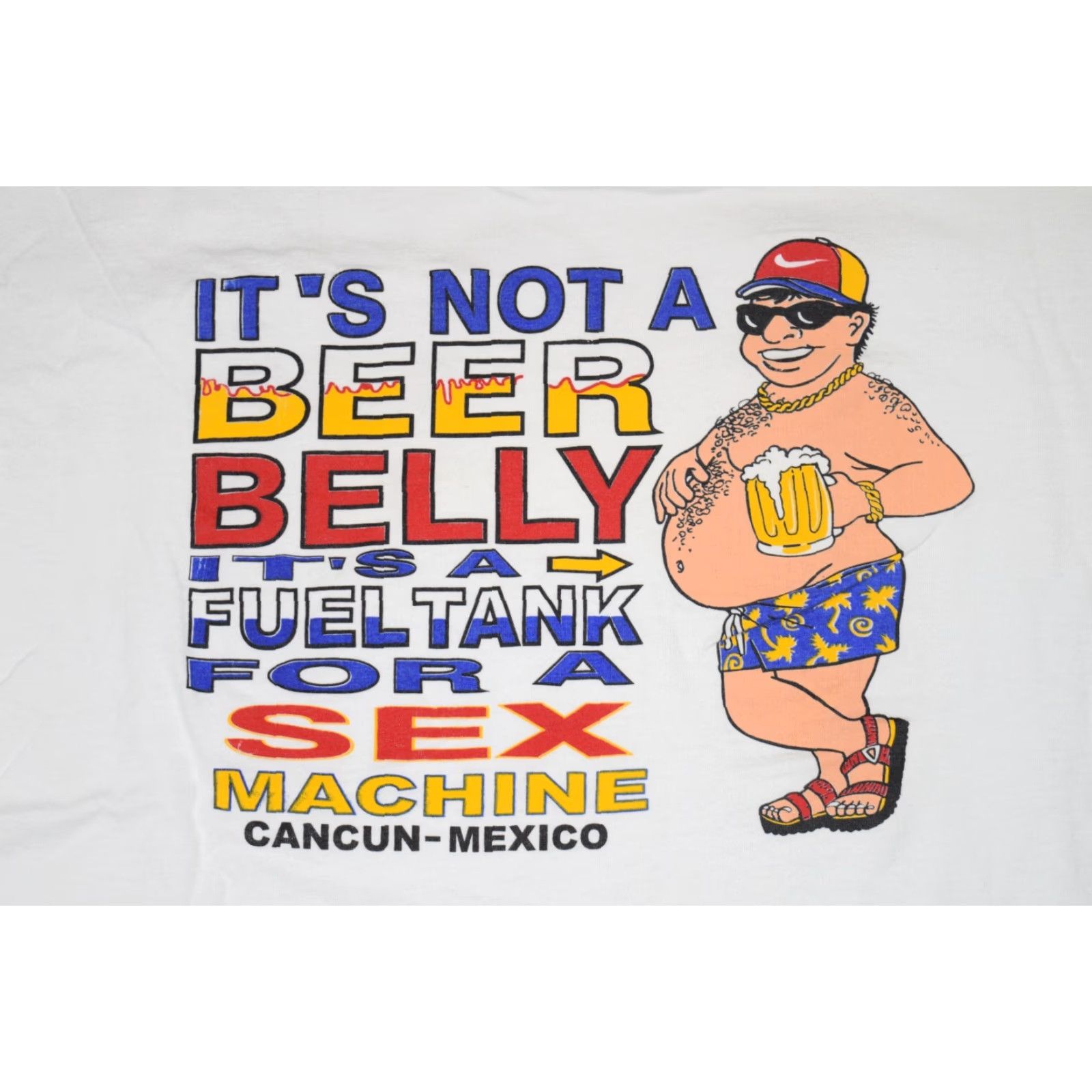Bell VINTAGE Cancun Beer Belly Sex Machine T-Shirt Men XL White Sun and Beach Parody 90s Shirt Boxy Cropped Fit Mens Size US XL / EU 56 / 4 - 6 Thumbnail