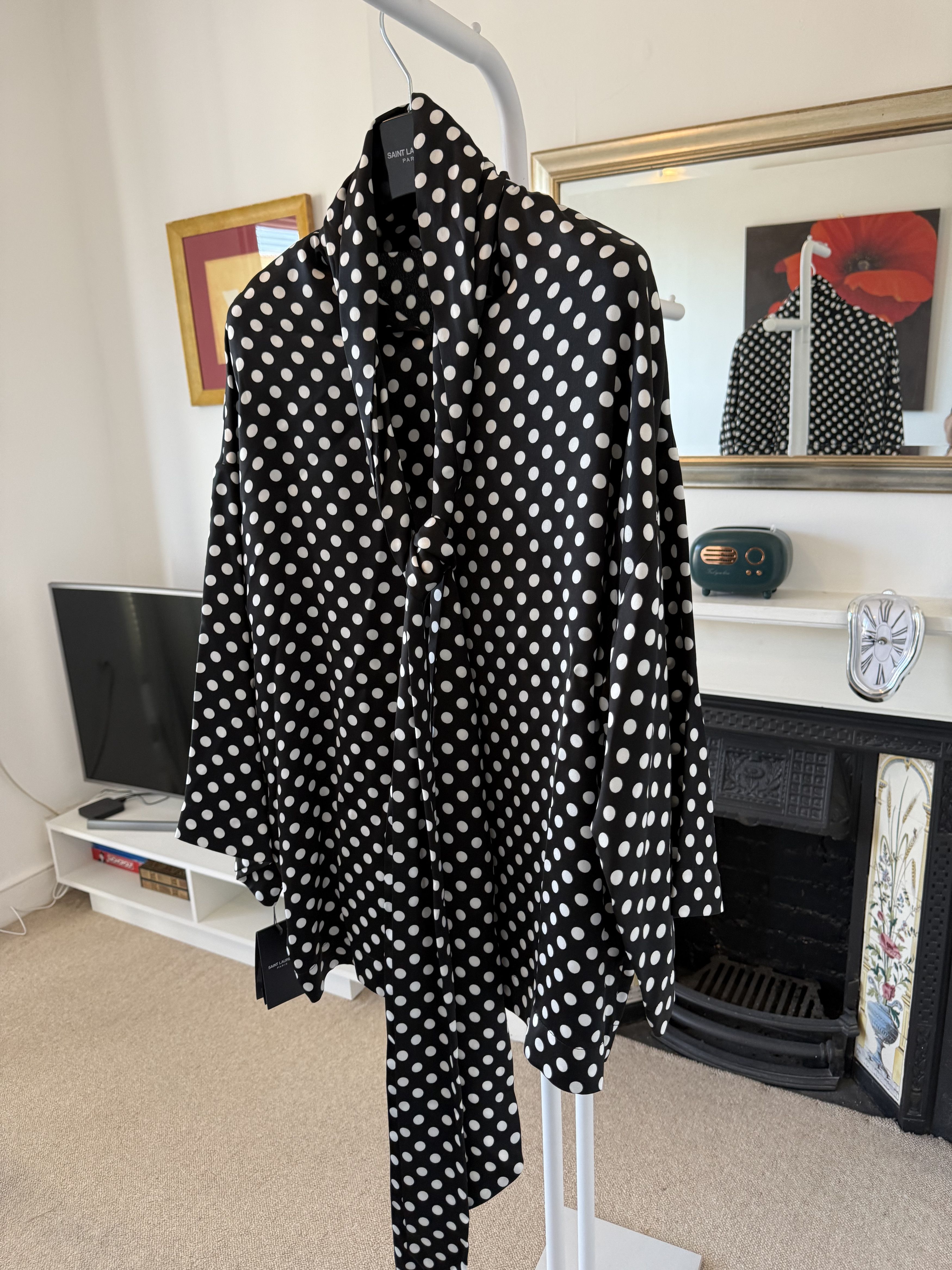 Saint Laurent Paris SS23 Saint Laurent Lavalliere-Neck Satin Polka Dot Blouse Size US L / EU 52-54 / 3 - 3 Thumbnail