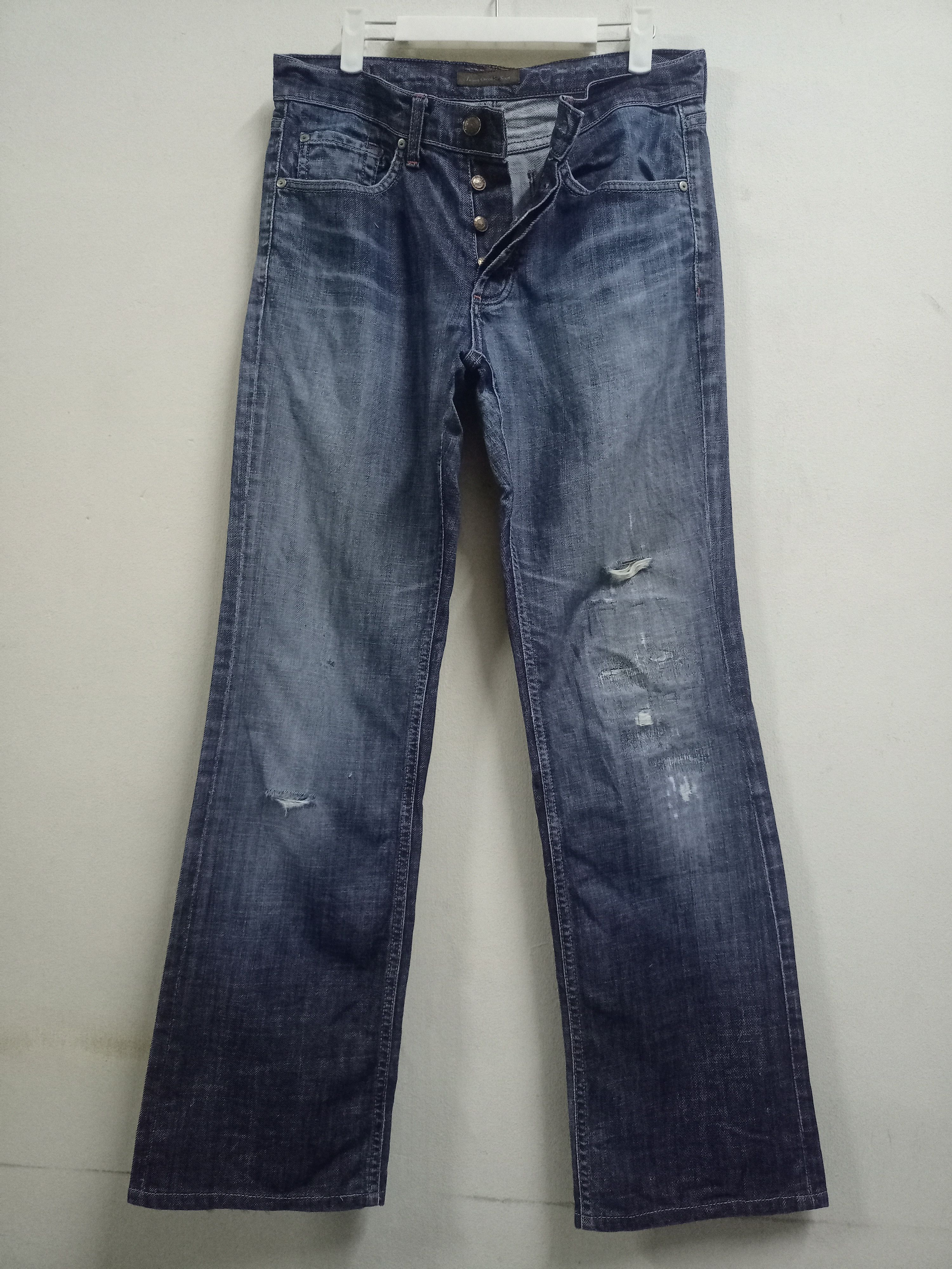 image of Distressed Denim x Made In USA Vintage James Cured Blue Wash Distressed Flare Jeans, Men's (Size 31