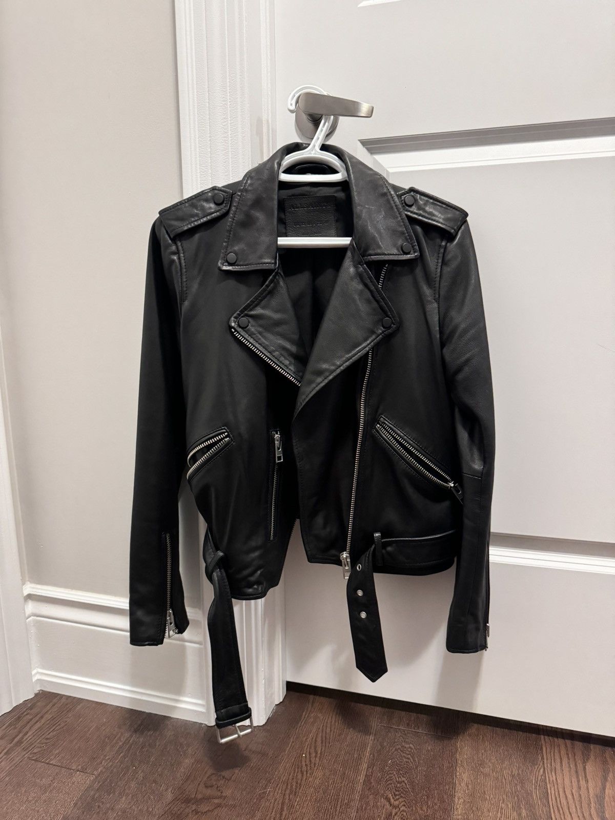 image of Allsaints Balfern Belted Hem Leather Jacket in Black, Women's (Size Medium)