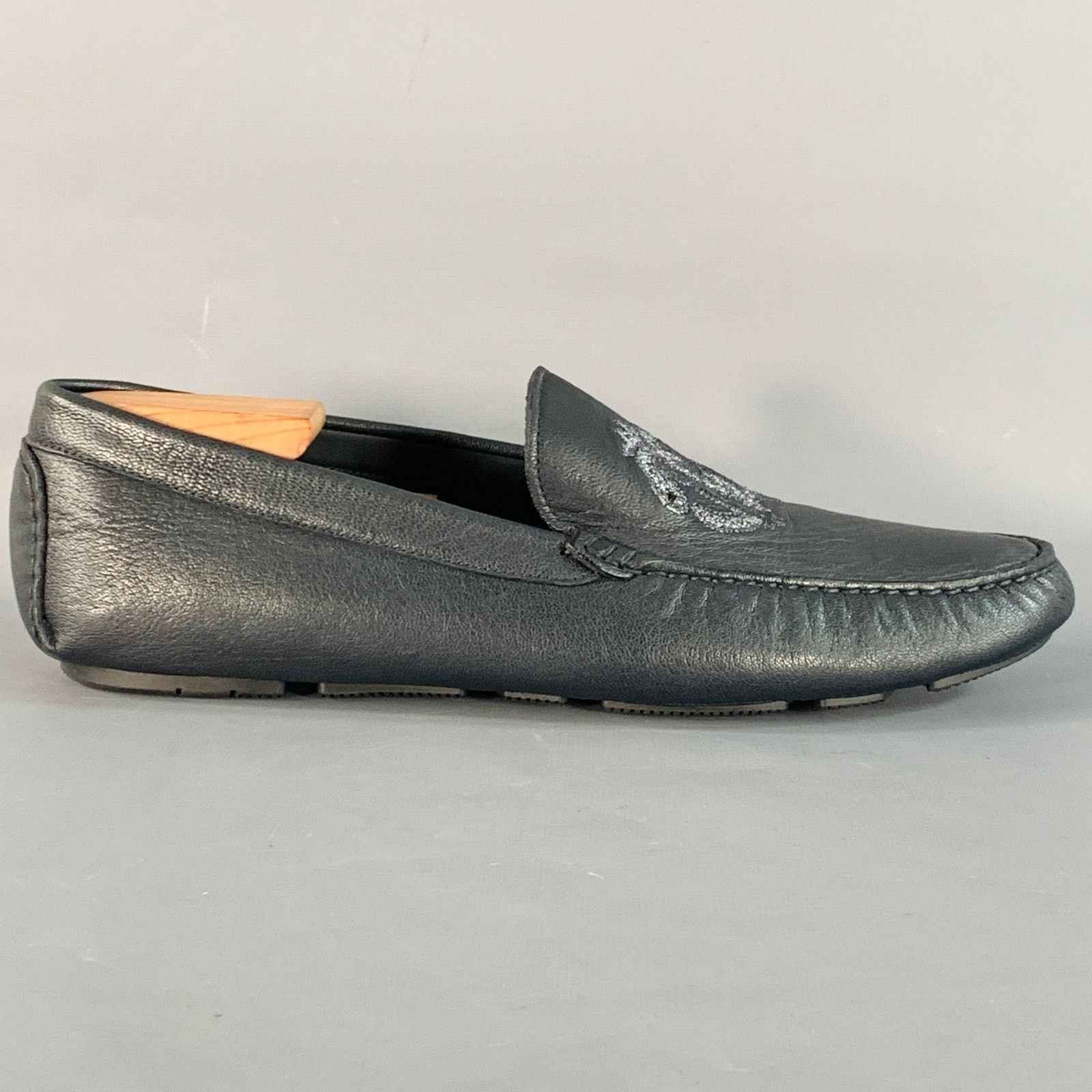 Roberto Cavalli 11.5 Navy Silver Logo Embroidery Leather Drivers Loafers Size US 11.5 / EU 44-45 - 2 Thumbnail