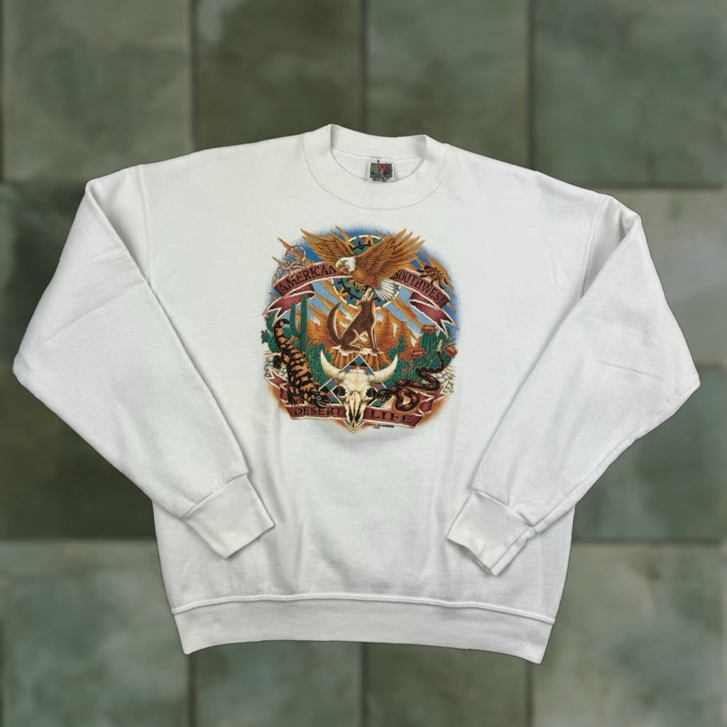Fruit Of The Loom Vintage Desert Nature Sweatshirt Adult Large White Animals Southwestern 90s USA Size US L / EU 52-54 / 3 - 1 Thumbnail