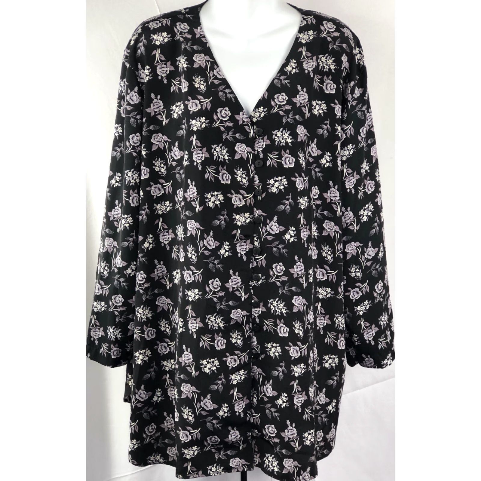 Vintage VINTAGE Jaclyn Smith Blouse 22W Black Floral V-Neck ButtonUp Boho Career Womens Size 3XL / US 20-22 - 6 Thumbnail