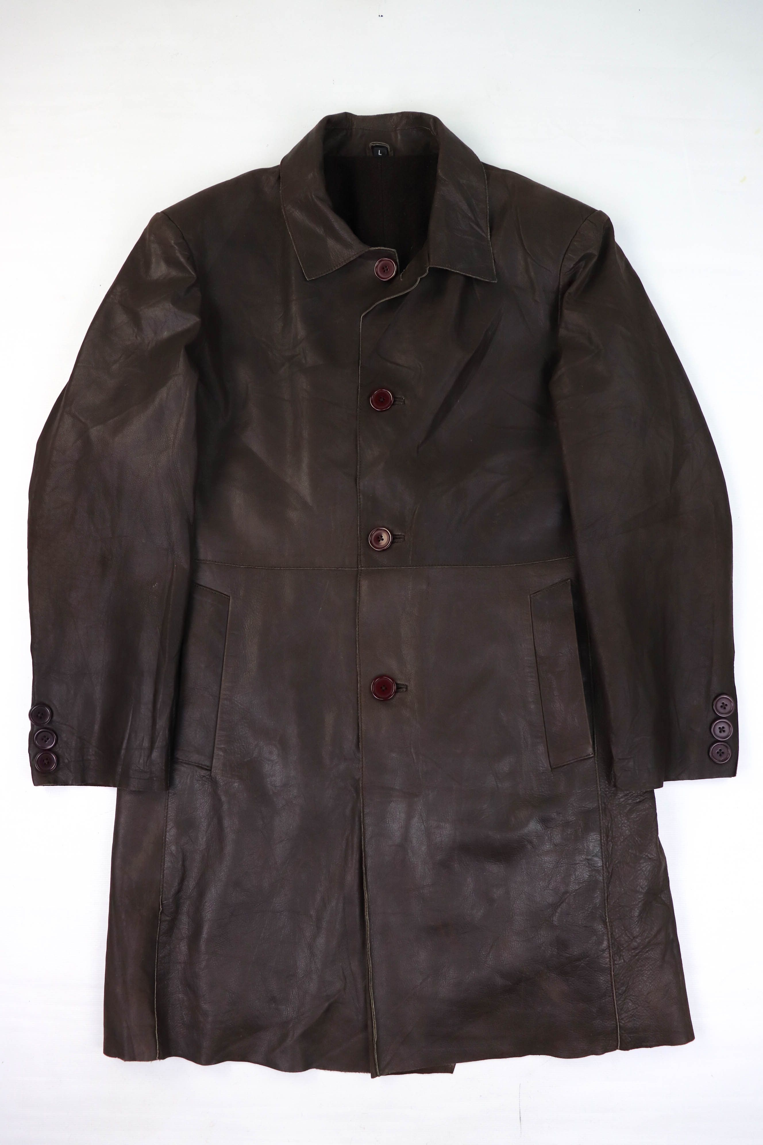 Raw Edge Dark Brown Genuine Leather Long Coat