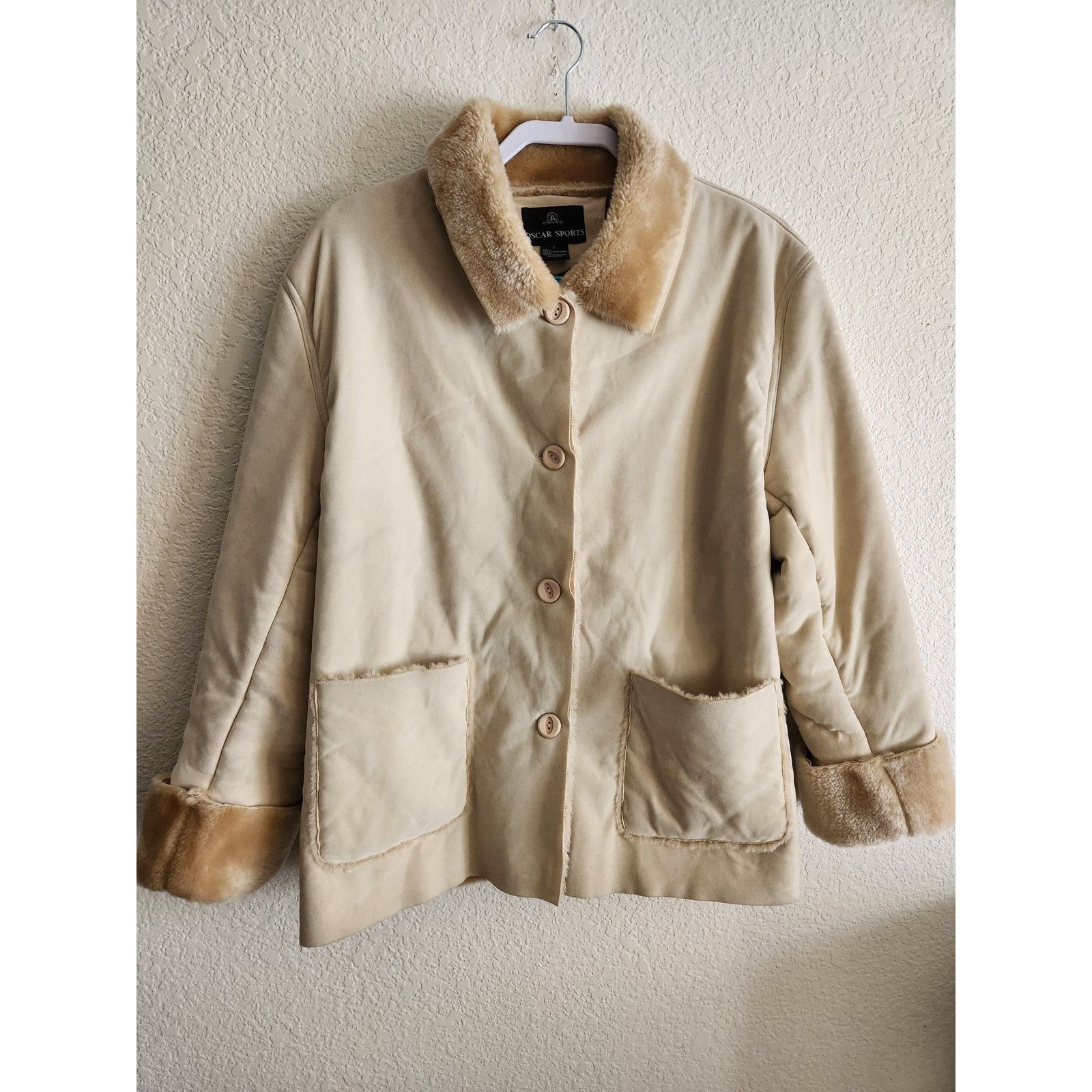 Other Y2k Oscar Sports Faux Fur Trimmed Suede Cream Jacket- Lg Size L / US 10 / IT 46 - 1 Thumbnail