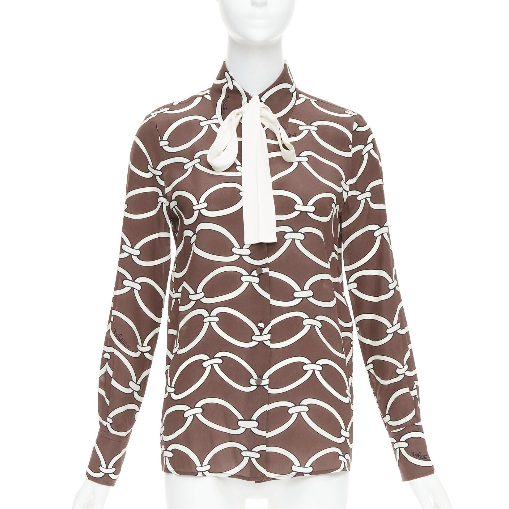 Valentino VALENTINO Chain 1967 brown cream crepe de chine silk tie neck blouse IT38 XS Size XS / US 0-2 / IT 36-38 - 1 Thumbnail