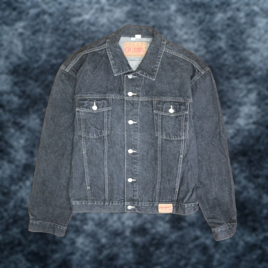 VINTAGE GUESS Denim Trucker Jacket Men XL Black 90s Style Regular Size XL Jacket Mens Black 90s Trucker Guess Jeans Coat Jacket