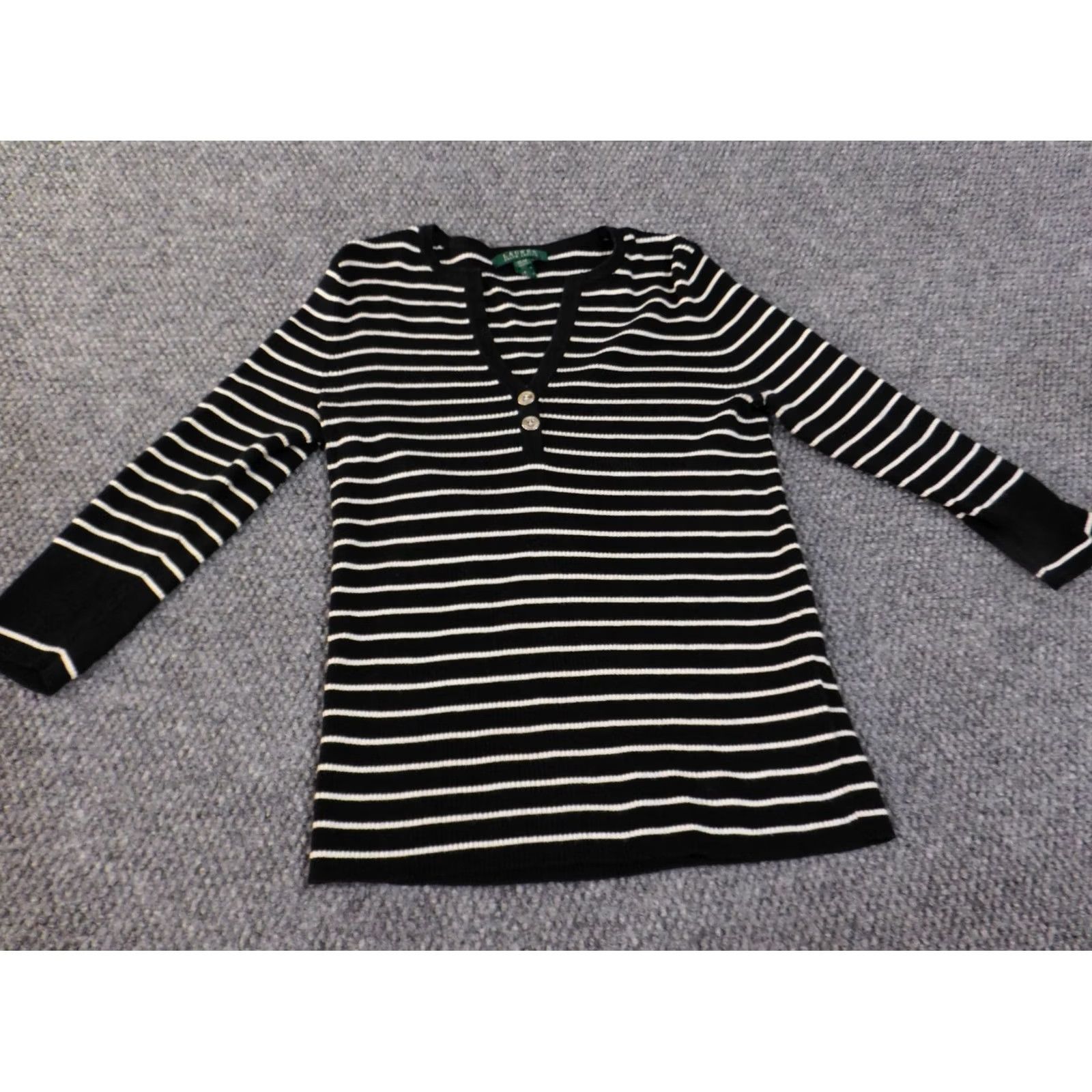 Ralph Lauren Lauren Ralph Lauren Sweater Women Medium V-Neck Striped Knit Black Button Logo Pullover Ballet Size M / US 6-8 / IT 42-44 - 5 Thumbnail