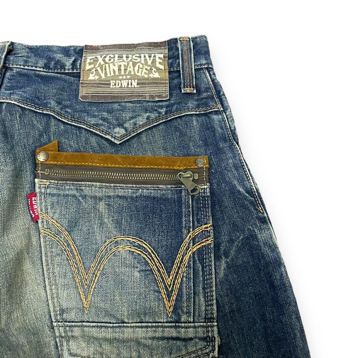 Edwin × Vintage 🇯🇵 EDWIN EXCLUSIVE VINTAGE WASHED LEATHER POCKET DENIM PANTS Size US 34 / EU 50 - 10 Thumbnail