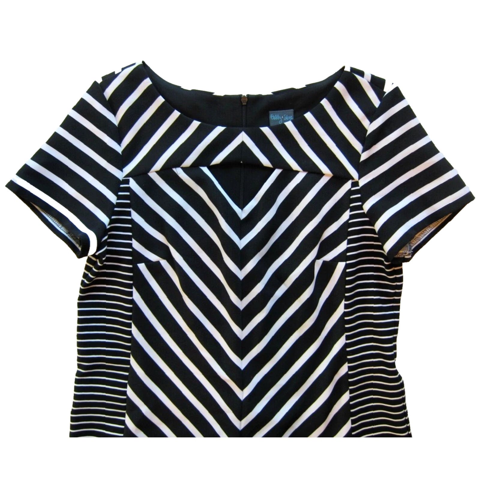 Vintage Gabby Skye Black White Stripe Stretch Short Sleeve Tunic Sheath Shift Dress 8 Size 30" / US 8 / IT 44 - 4 Thumbnail