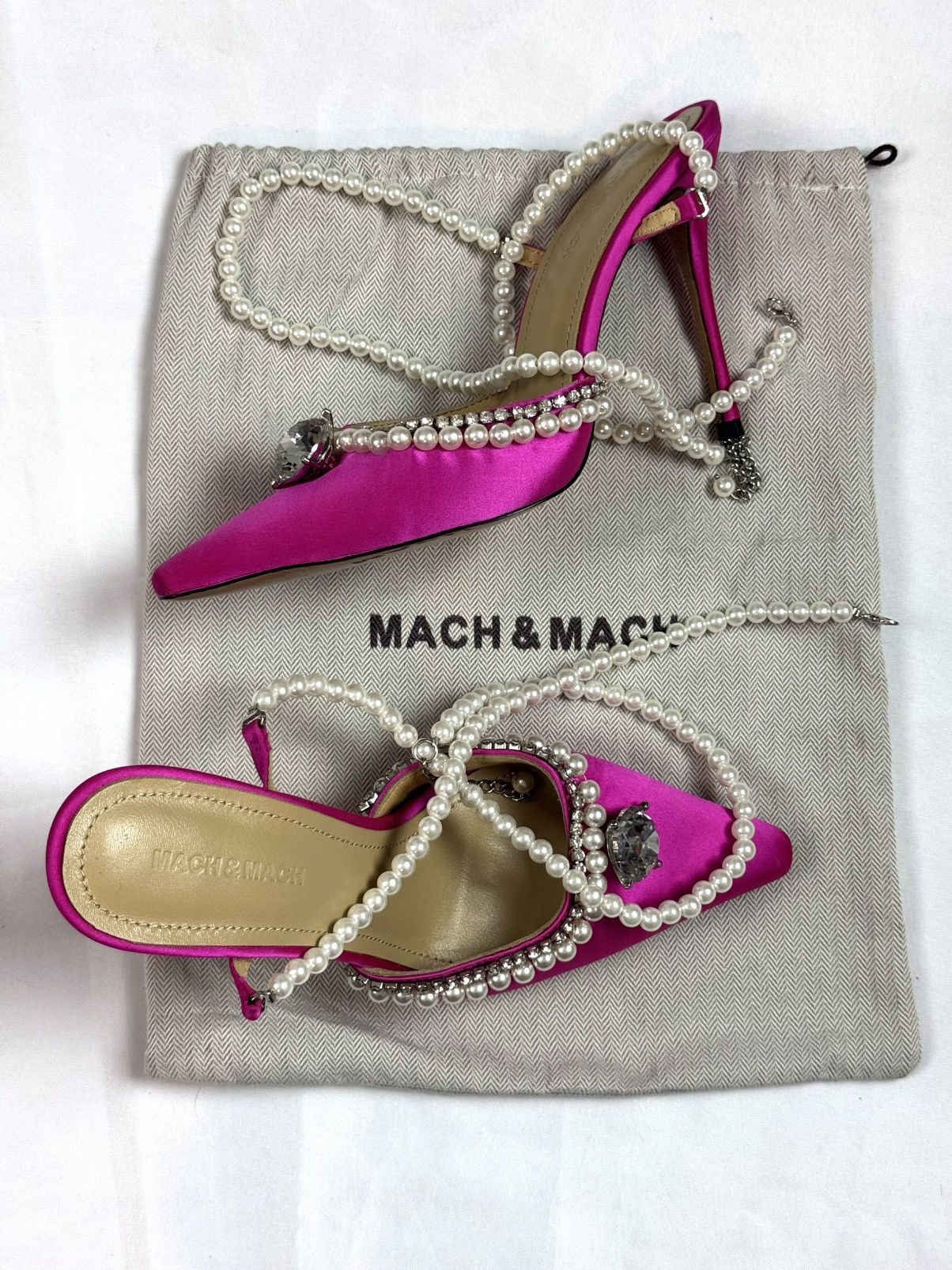 MACH & MACH Crystal Embellished Leather / Satin Pumps Pearl Lace Ties 38 Size US 7 / IT 37 - 15 Thumbnail