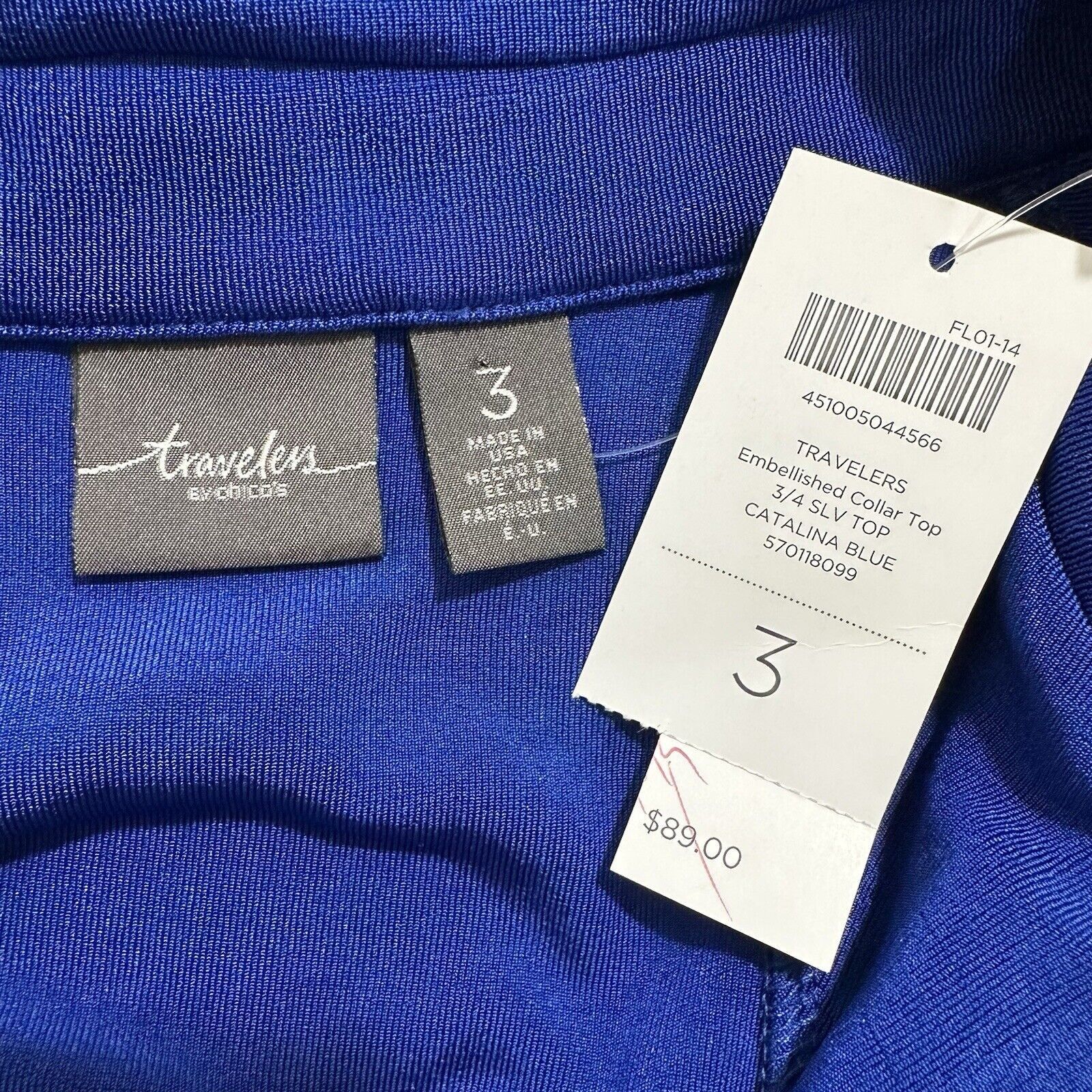 Chicos Chico's XL Blue Embellished Collar 3/4 Sleeve Blouse Acetate Size XL / US 12-14 / IT 48-50 - 3 Thumbnail