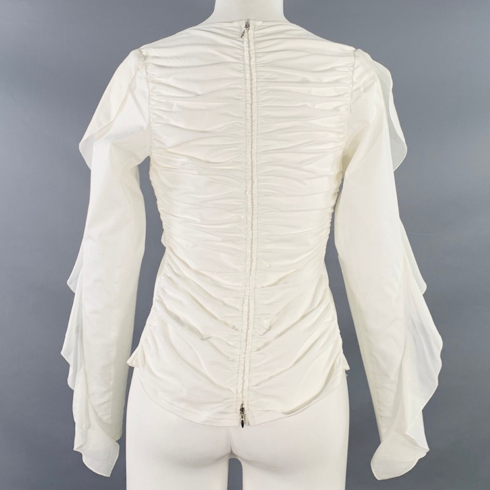 ANNE FONTAINE Seleste White Cotton Blend Ruched Ruffled Long Sleeve Top Size S / US 4 / IT 40 - 3 Thumbnail