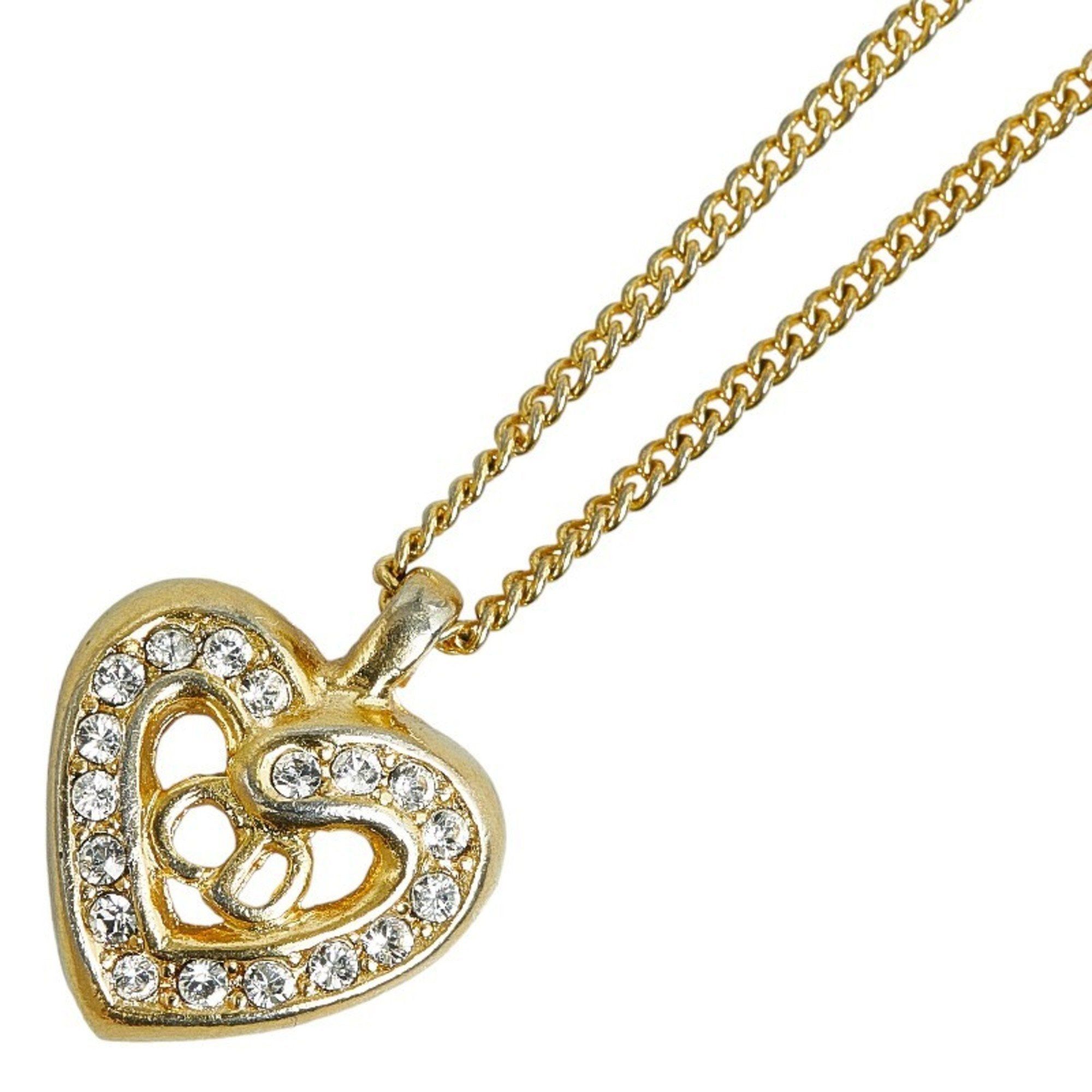image of Christian Dior Dior Cd Heart Rhinestone Necklace Gold Plated Women's
