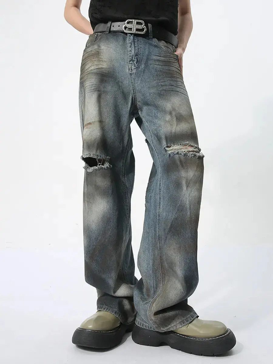 Japanese Brand Retro loose straight leg ripped jeans Size US 32 / EU 48 - 6 Thumbnail