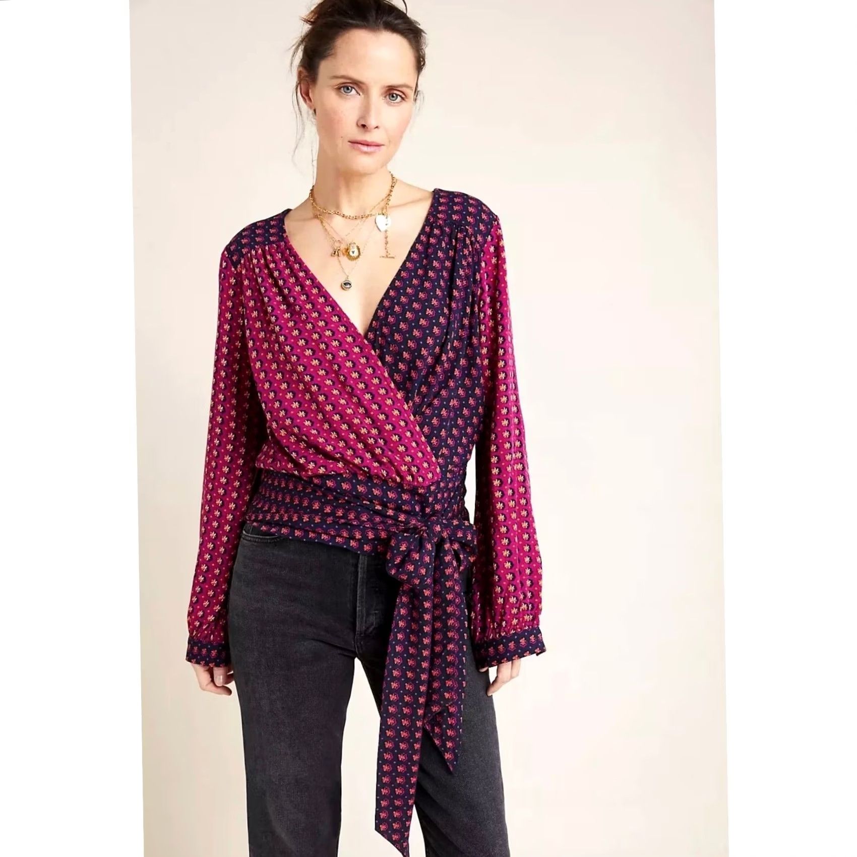 Anthropologie Anthropologie Maeve Women Blouse Multicolored Lisa Puff Sleeve Faux Wrap 12 Size XL / US 12-14 / IT 48-50 - 2 Thumbnail