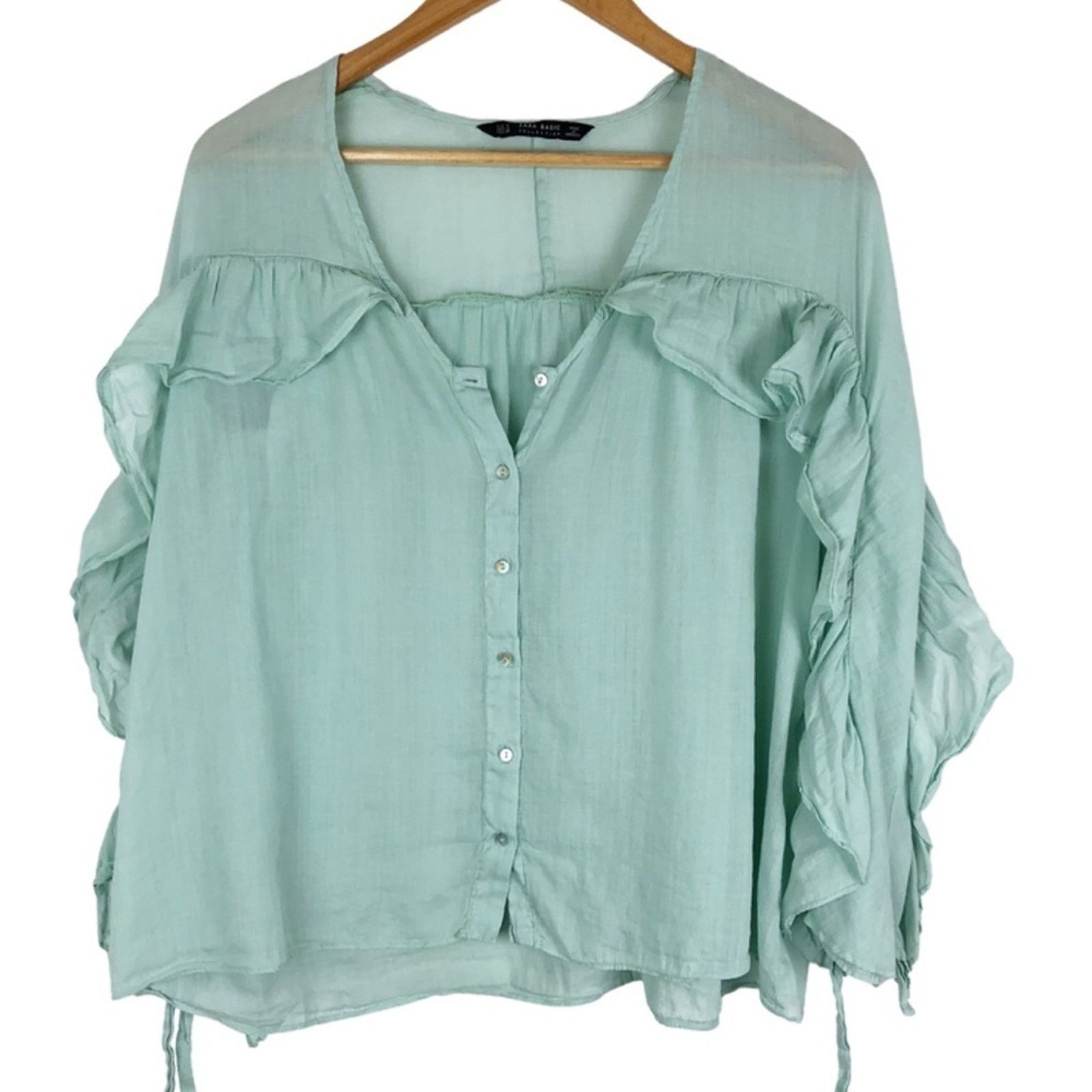 Zara Zara Women’s Basic Sage Ruffle Feminine Blouse Size M / US 6-8 / IT 42-44 - 2 Thumbnail