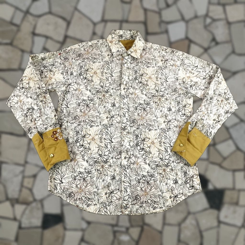 VINTAGE Bugatchi Uomo Shirt Mens Medium Brown Floral Button-Up