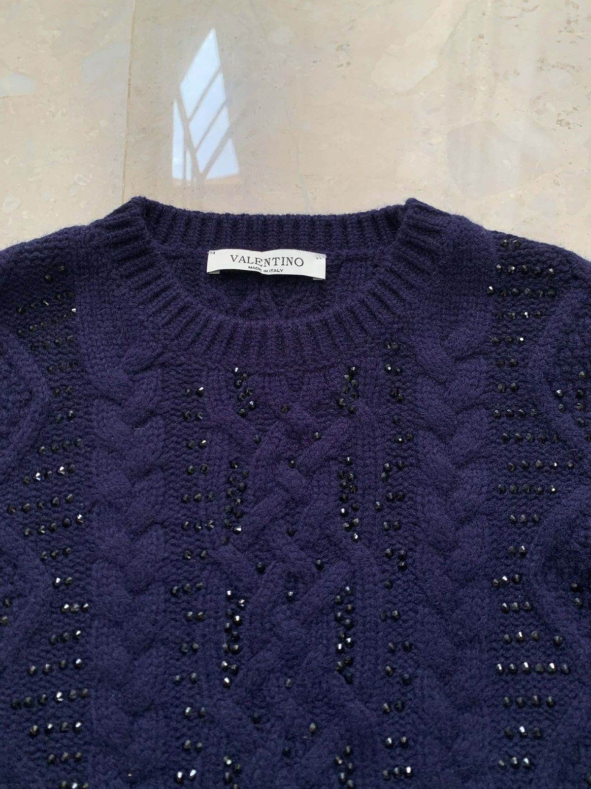 Valentino Valentino Navy Blue Embellished Cable Knit Sweater Size XS / US 0-2 / IT 36-38 - 3 Thumbnail