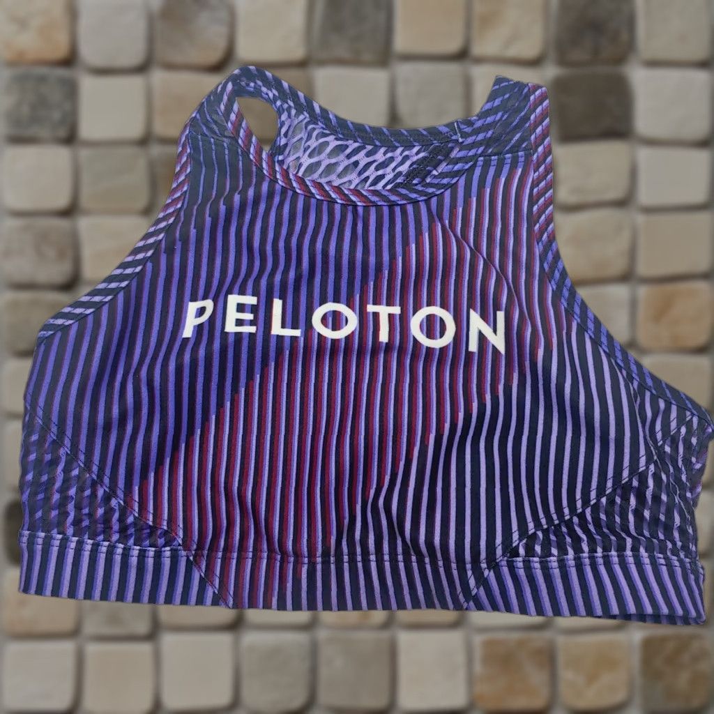 Vintage Peloton Sports Bra Women S Black Purple Stripe High Neck Open Back Workout Cycling Activewear Size ONE SIZE - 1 Thumbnail