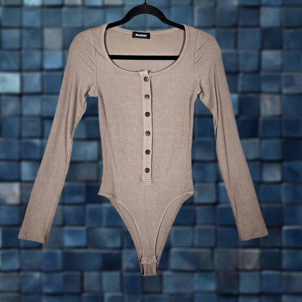 NAADAM Naadam Women's Brown Button Up Scoop Neck Ribbed Bodysuit Sz S Size S / US 4 / IT 40 - 1 Thumbnail