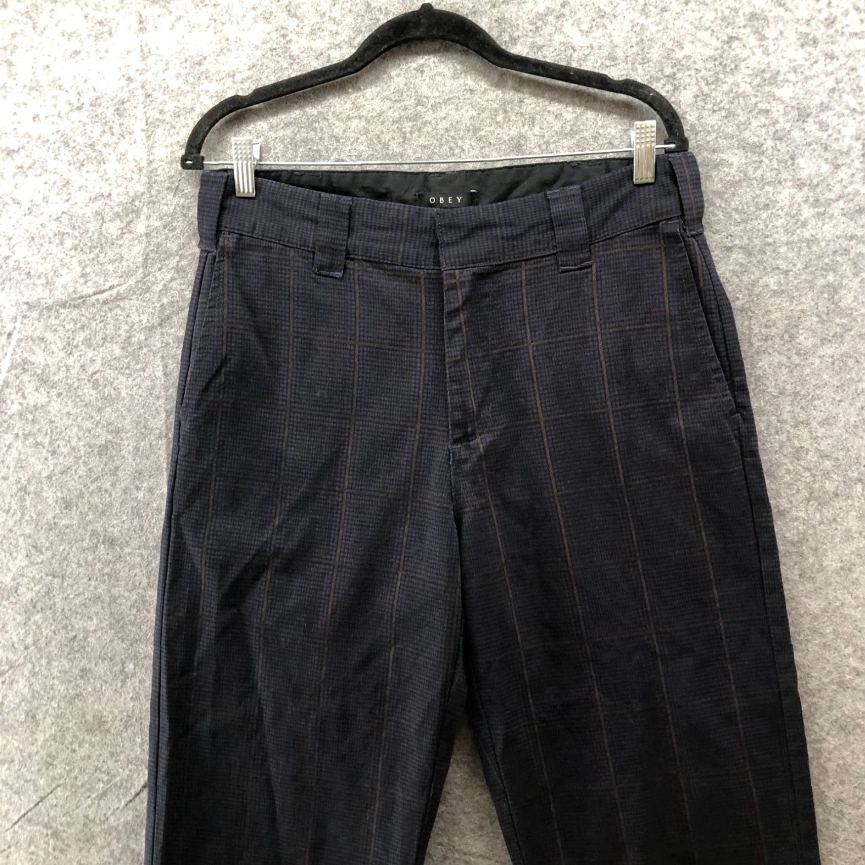 Obey OBEY Pants Womens 29 High Rise Straight Loose Cotton Plaid Dark Blue Size 29" - 4 Thumbnail