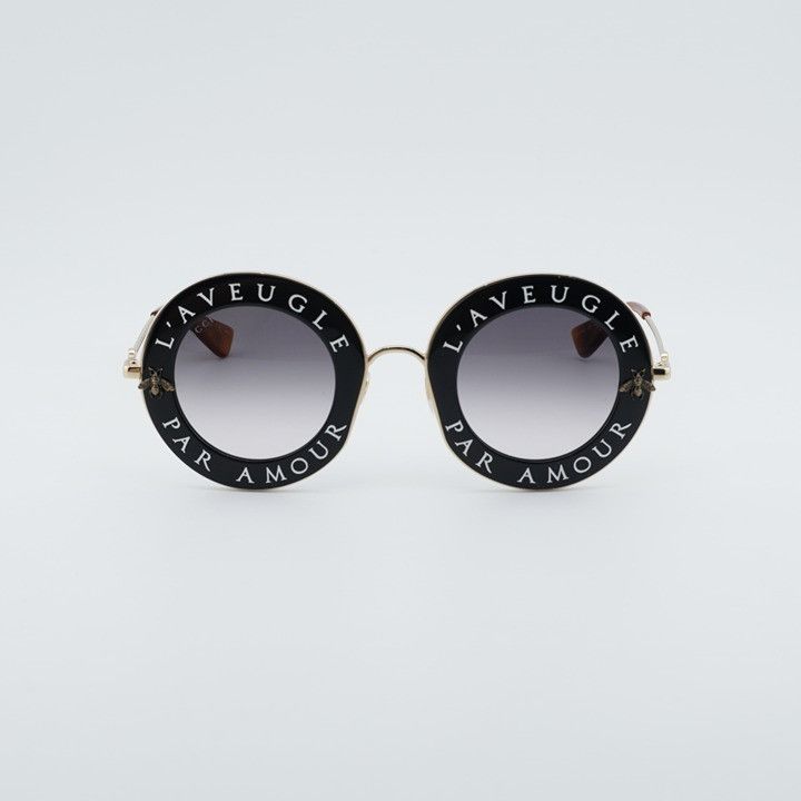 Gucci Gucci GG0113S 001 Sunglasses Black Gold Round Frame, Grey Size ONE SIZE - 3 Thumbnail