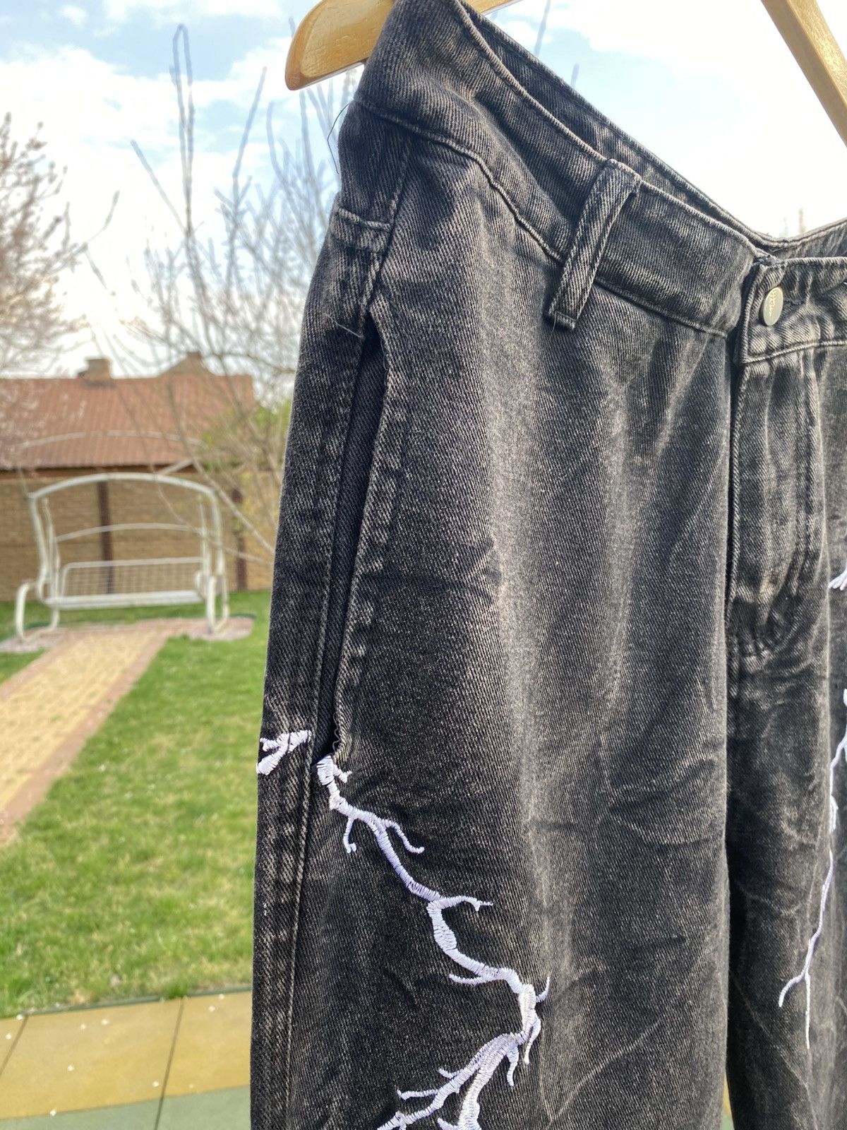 Vintage Black wide-leg jeans with lightning embroidery, Y2K, size L Size US 34 / EU 50 - 5 Thumbnail